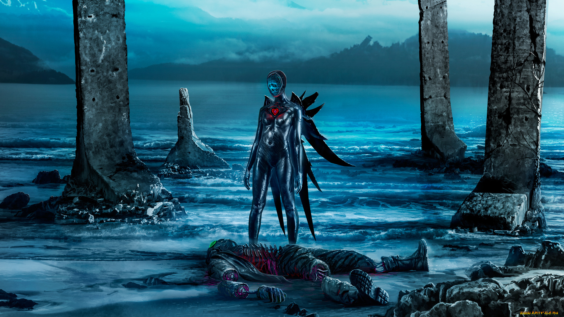 фэнтези, романтика, апокалипсиса, вода, море, арт, скалы, девушка, парень, настроение, облака, горы, небо, пляж