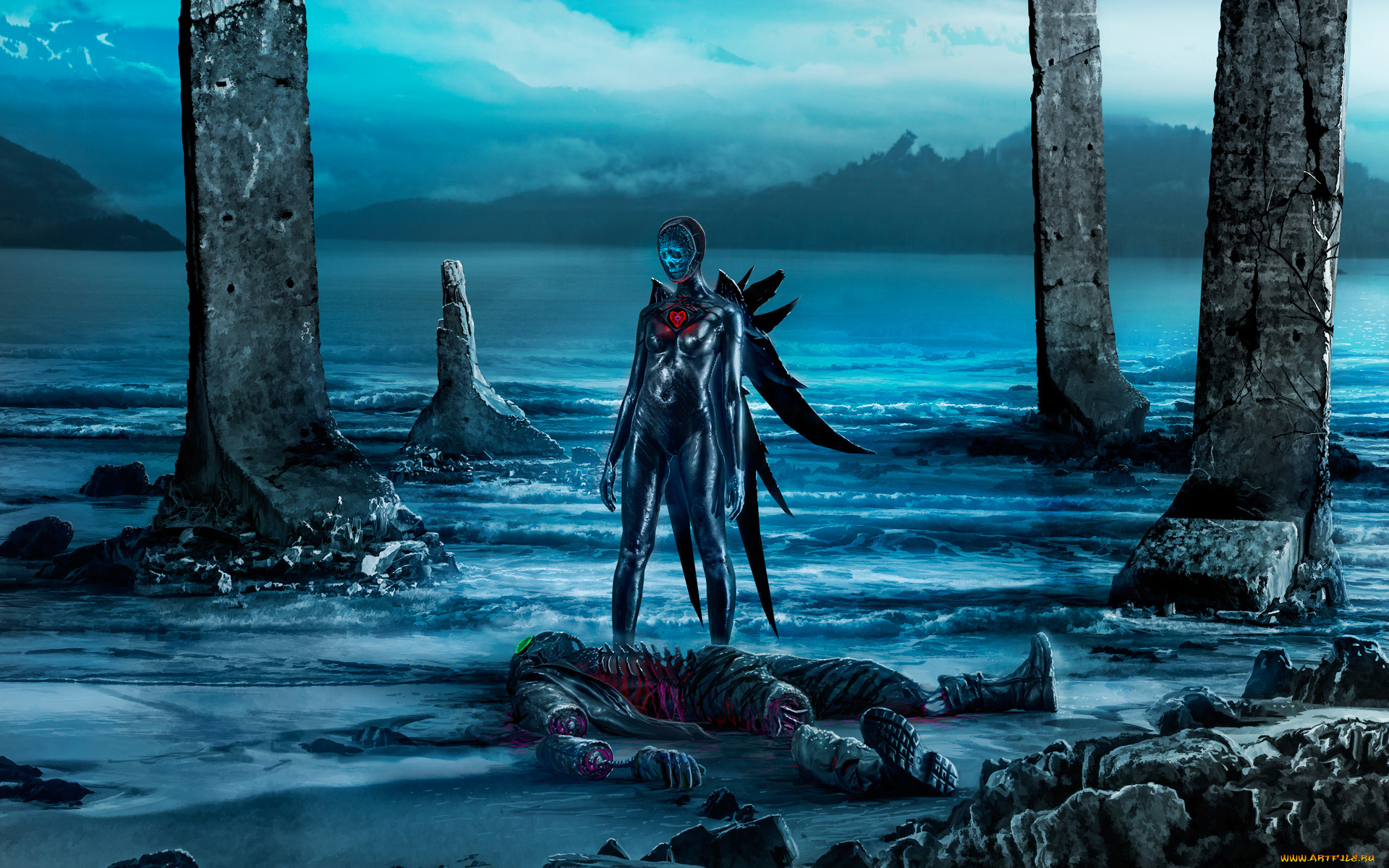 фэнтези, романтика, апокалипсиса, вода, море, арт, скалы, девушка, парень, настроение, облака, горы, небо, пляж