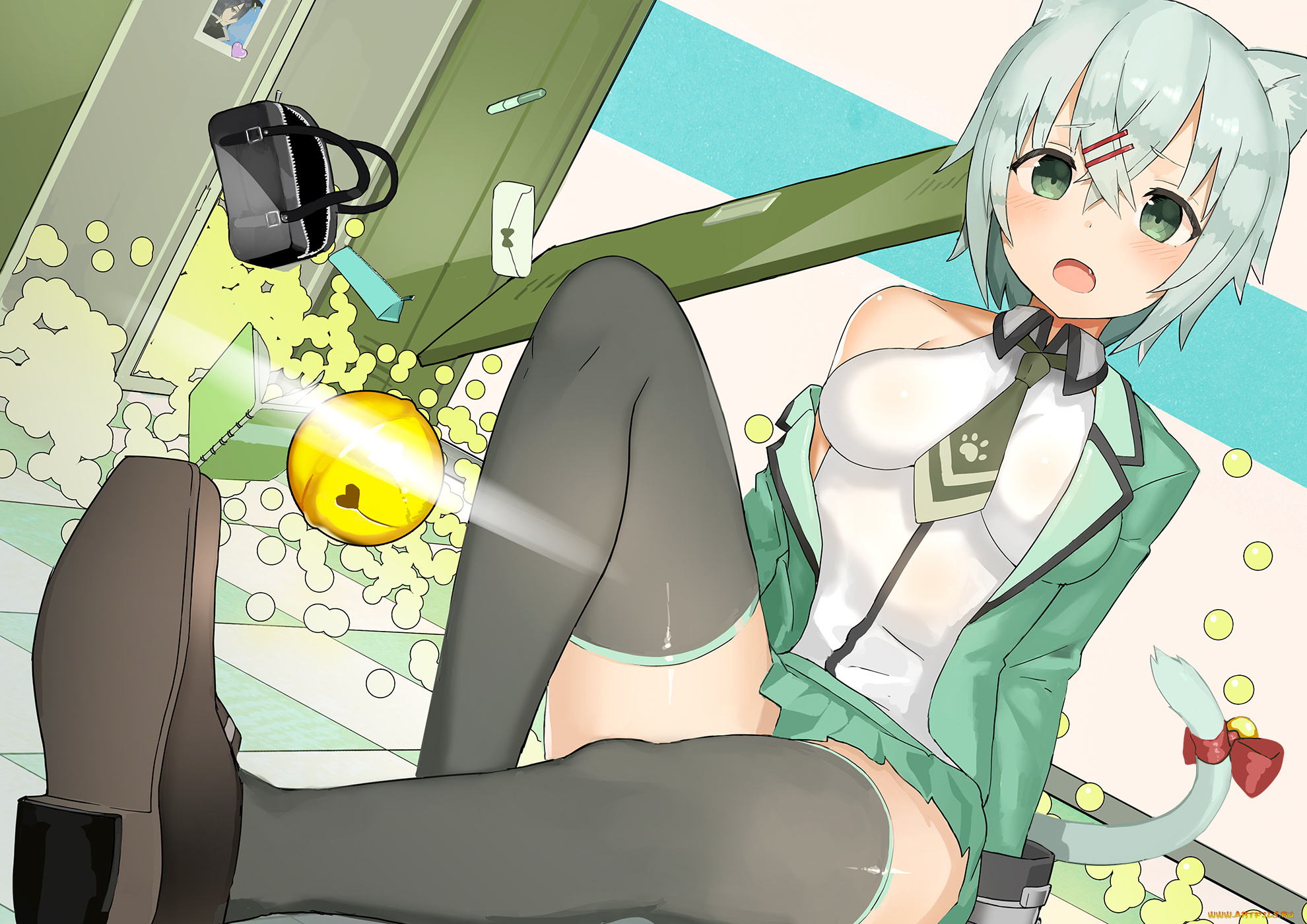 аниме, животные, , существа, колокольчик, девушка, арт, ccaw, хвост, ушки, сумка