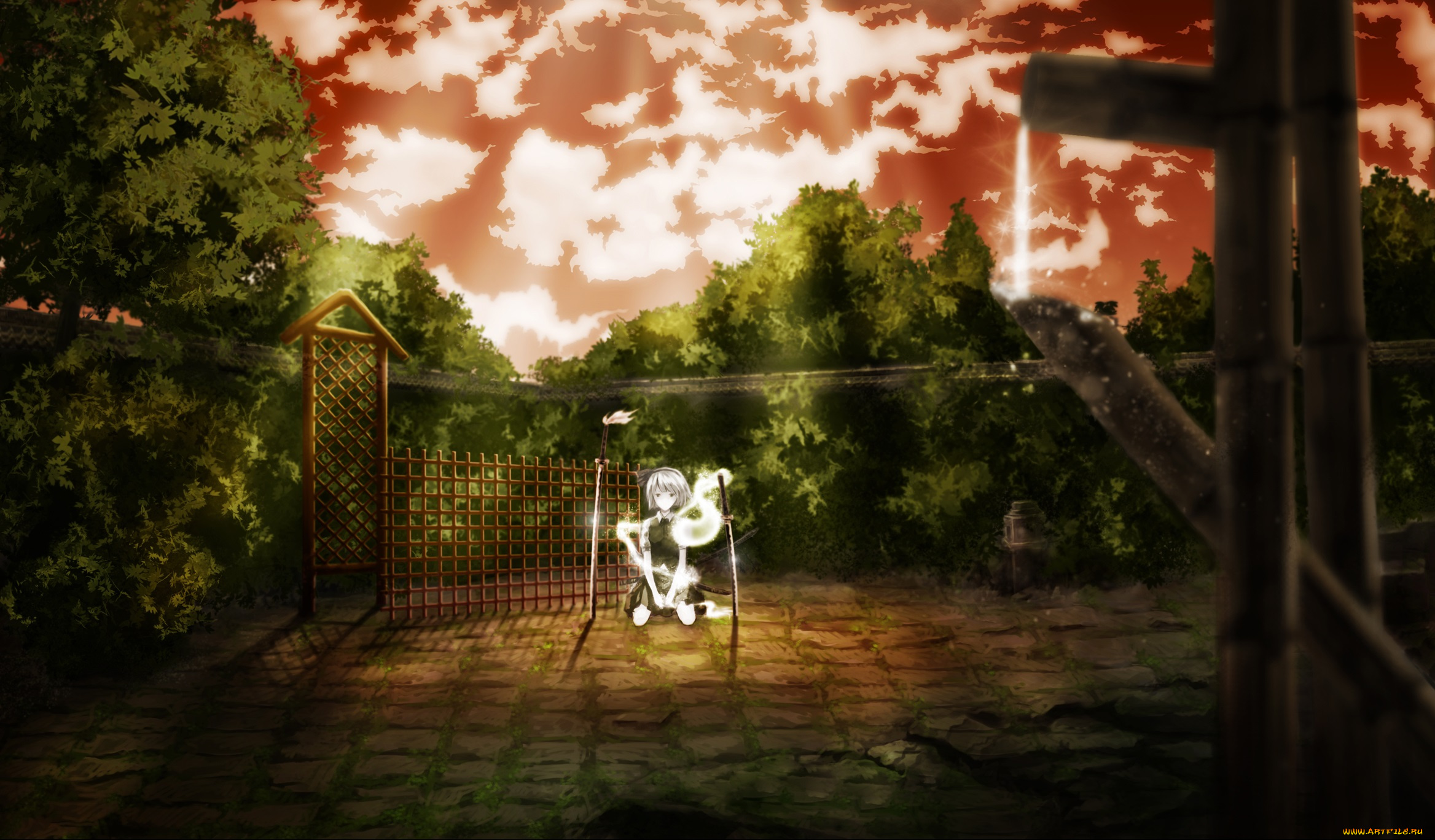 аниме, touhou, myon, konpaku, youmu, вечер, оружие, мечи, девушка, арт, heiyuen