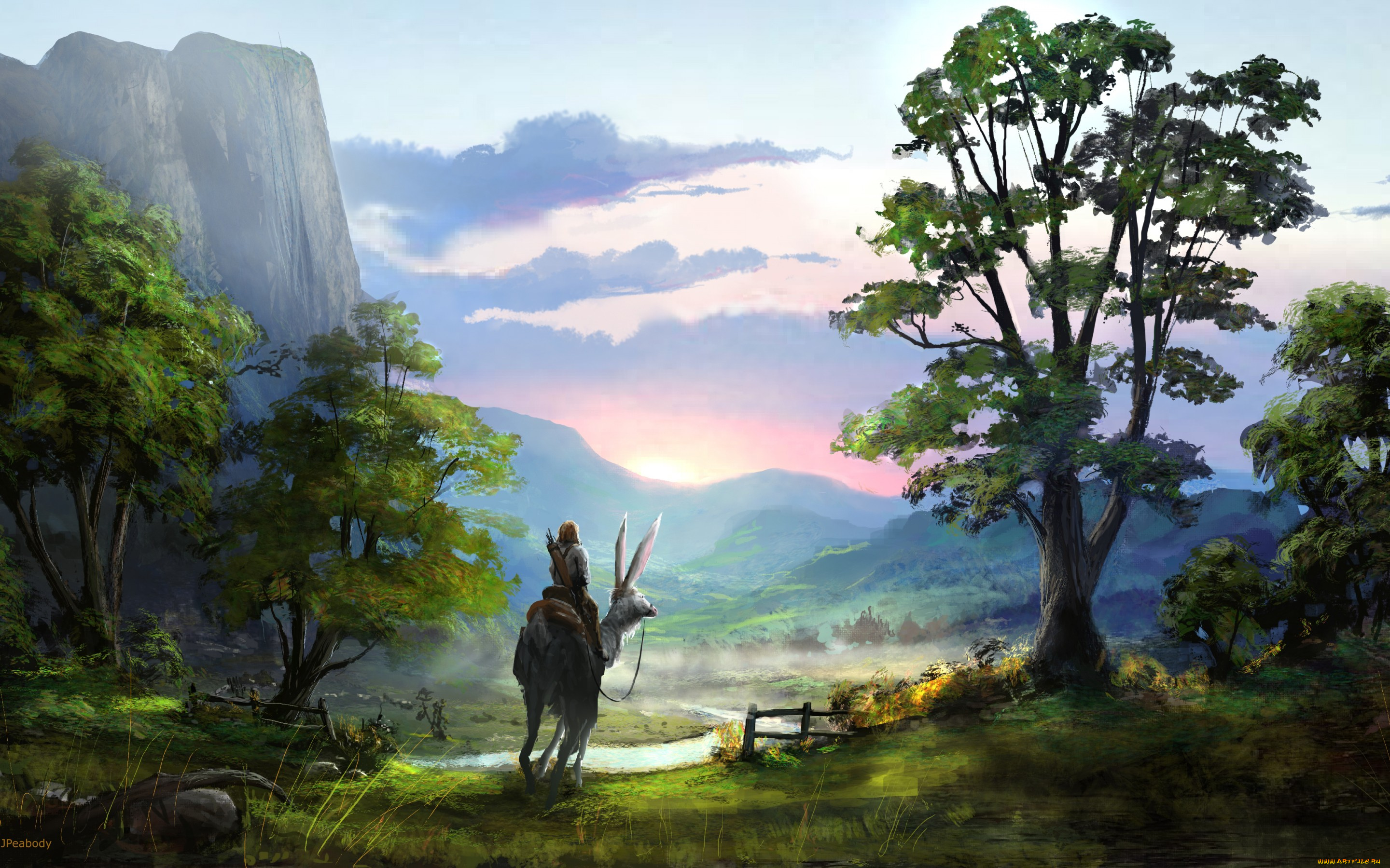 фэнтези, пейзажи, вид, пейзаж, арт, фантастика, уши, существо, человек, облака, небо, деревья, красота