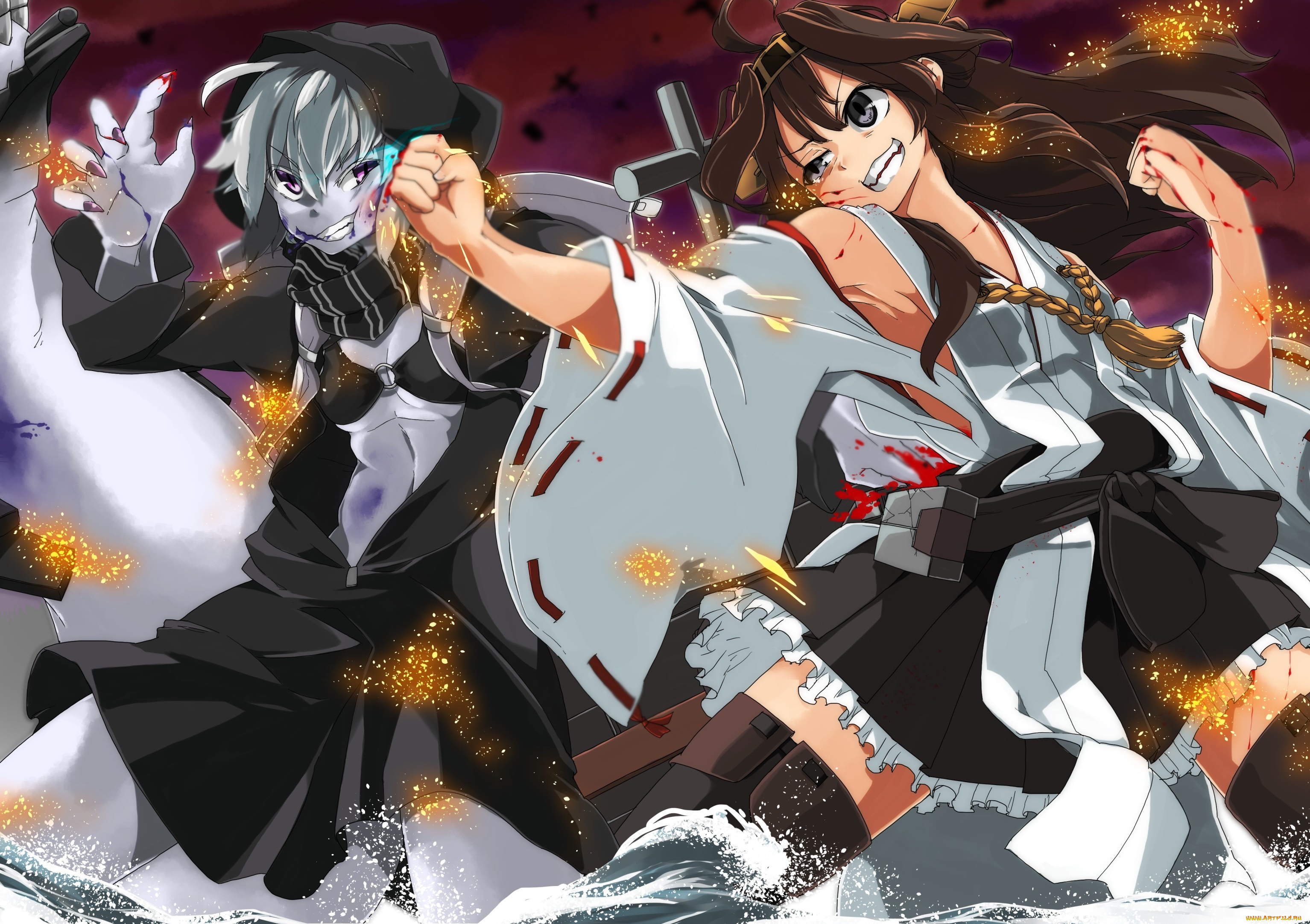 аниме, kantai, collection, tagme-artist, re-class, battleship, искры, вода, бой, kantai, collection, kongou, kancolle, девушки, арт