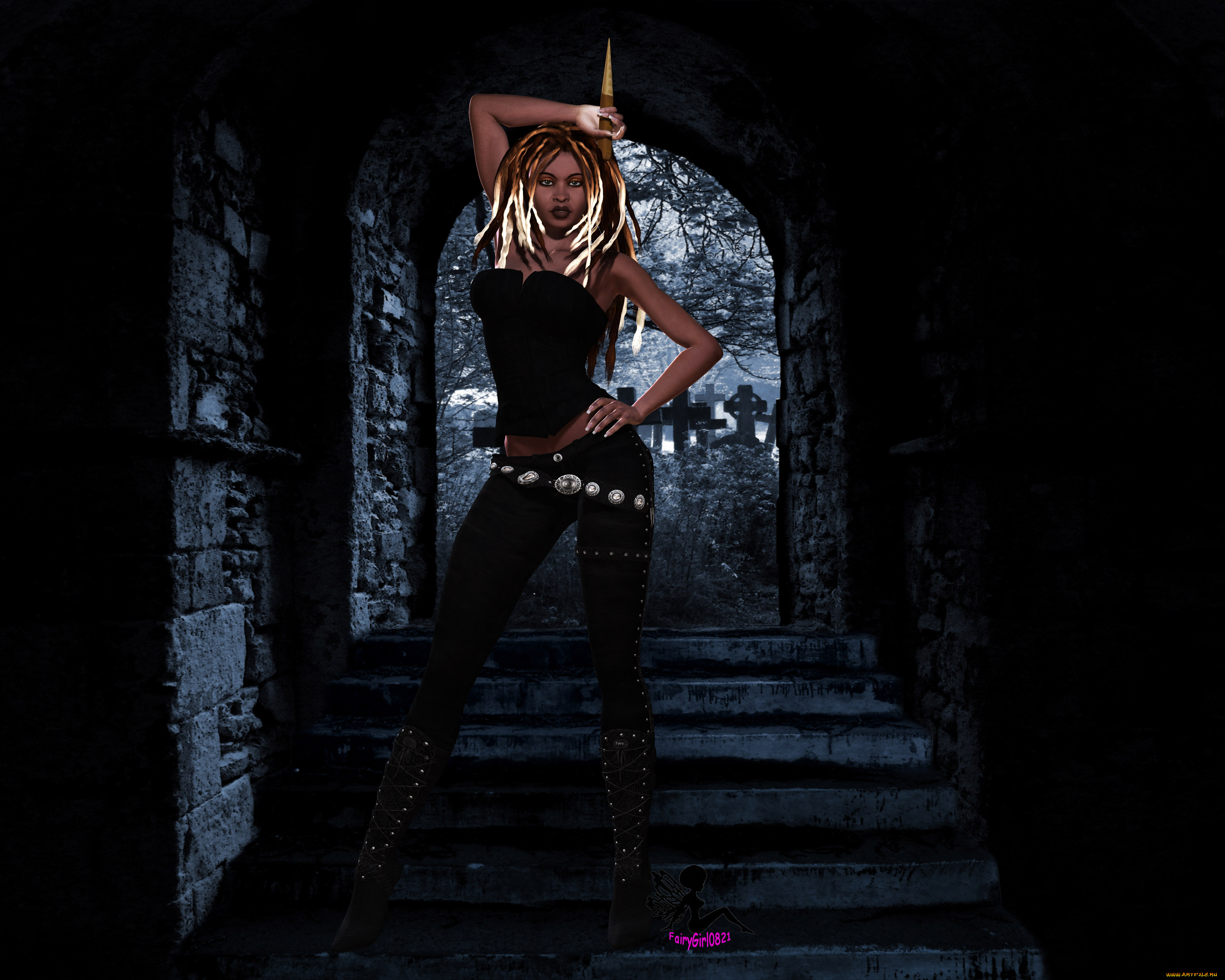 3д, графика, фантазия, , fantasy, взгляд, девушка, фон, оружие