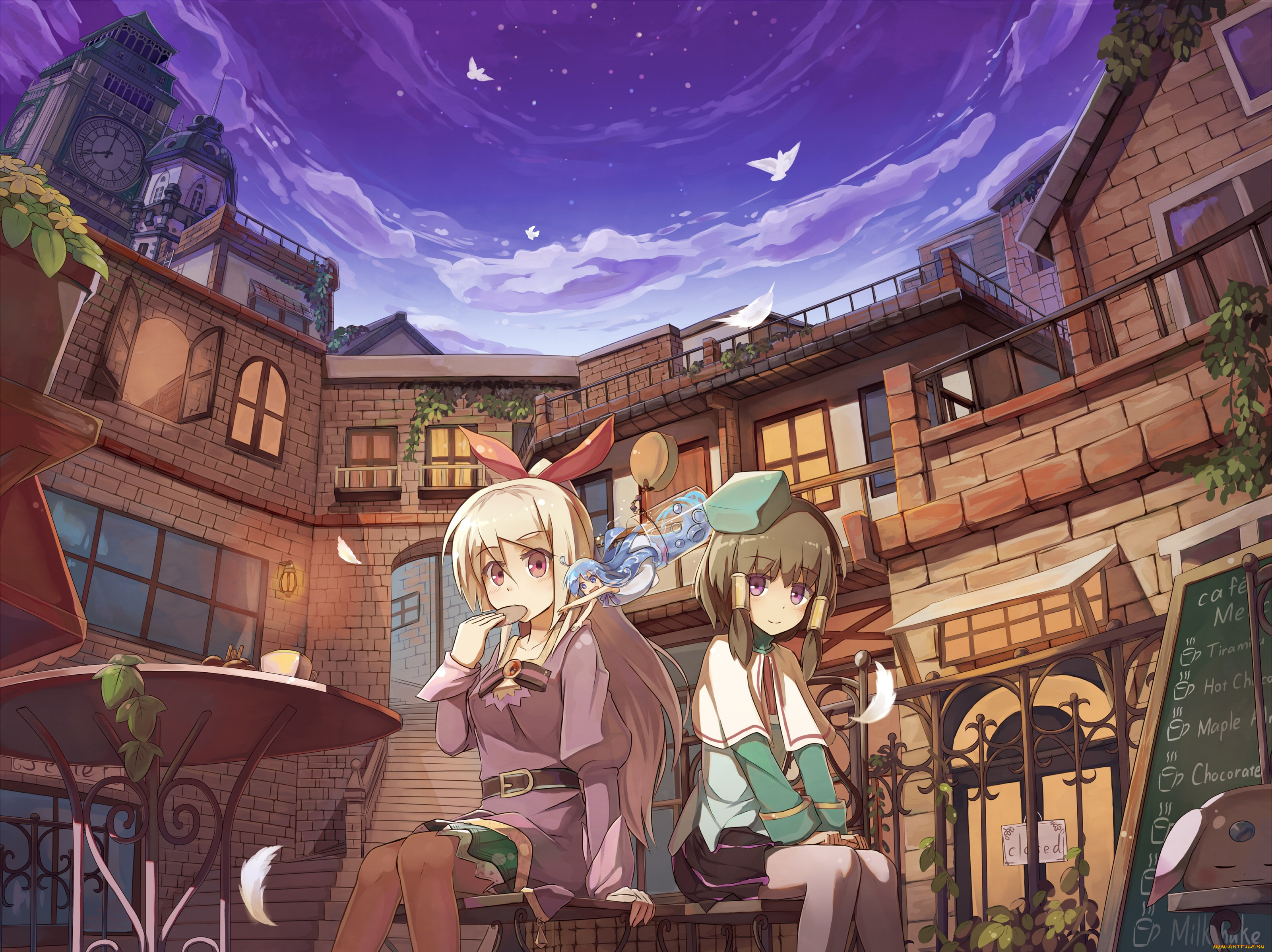 аниме, город, , улицы, , здания, стакан, еда, стол, seneto, вода, merc, storia, птицы, девушки, арт, здания, небо