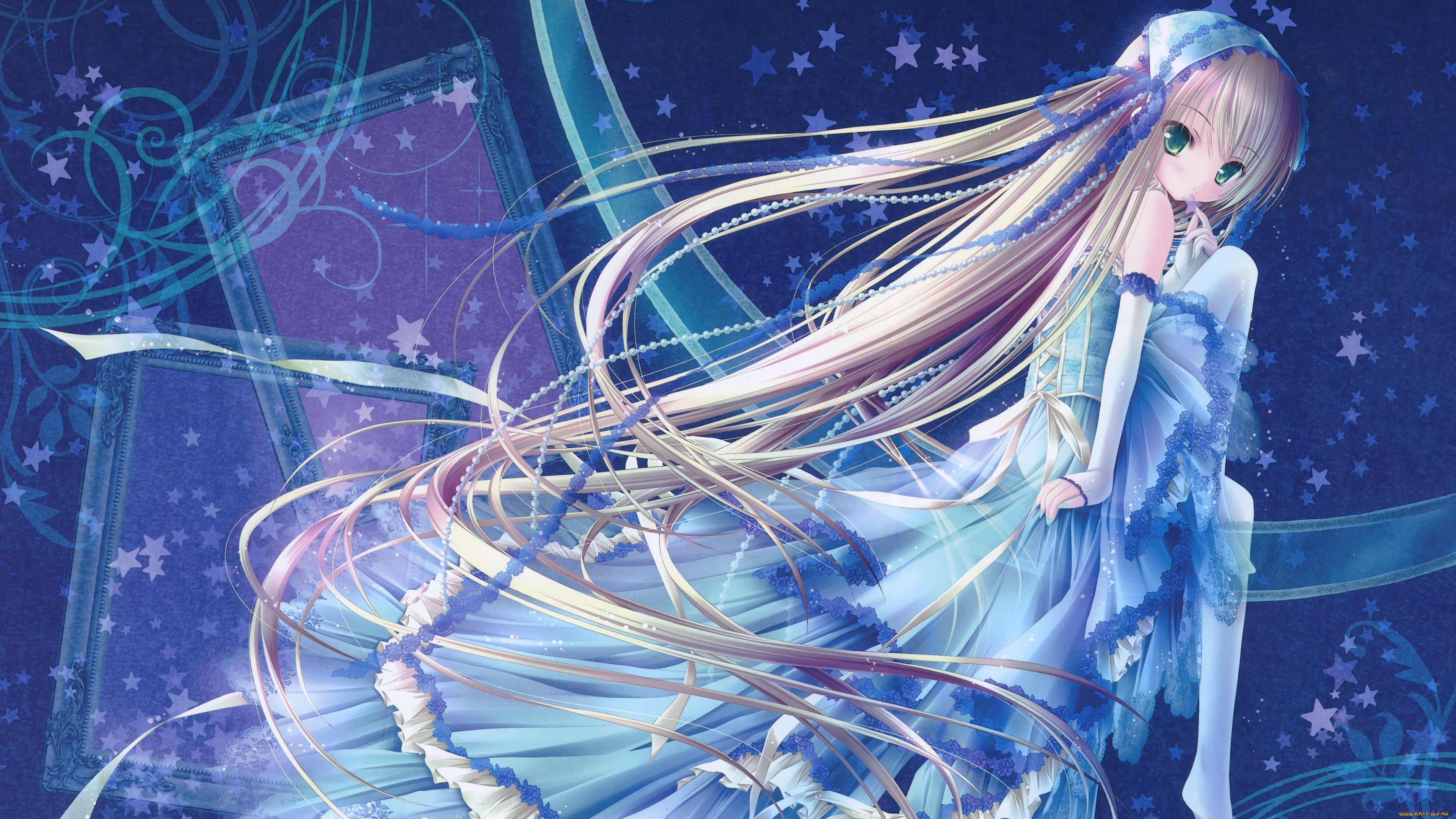 аниме, tinkle, , artbook, бусы, платье, волосы, tinkle, девушка, арт, звёзды