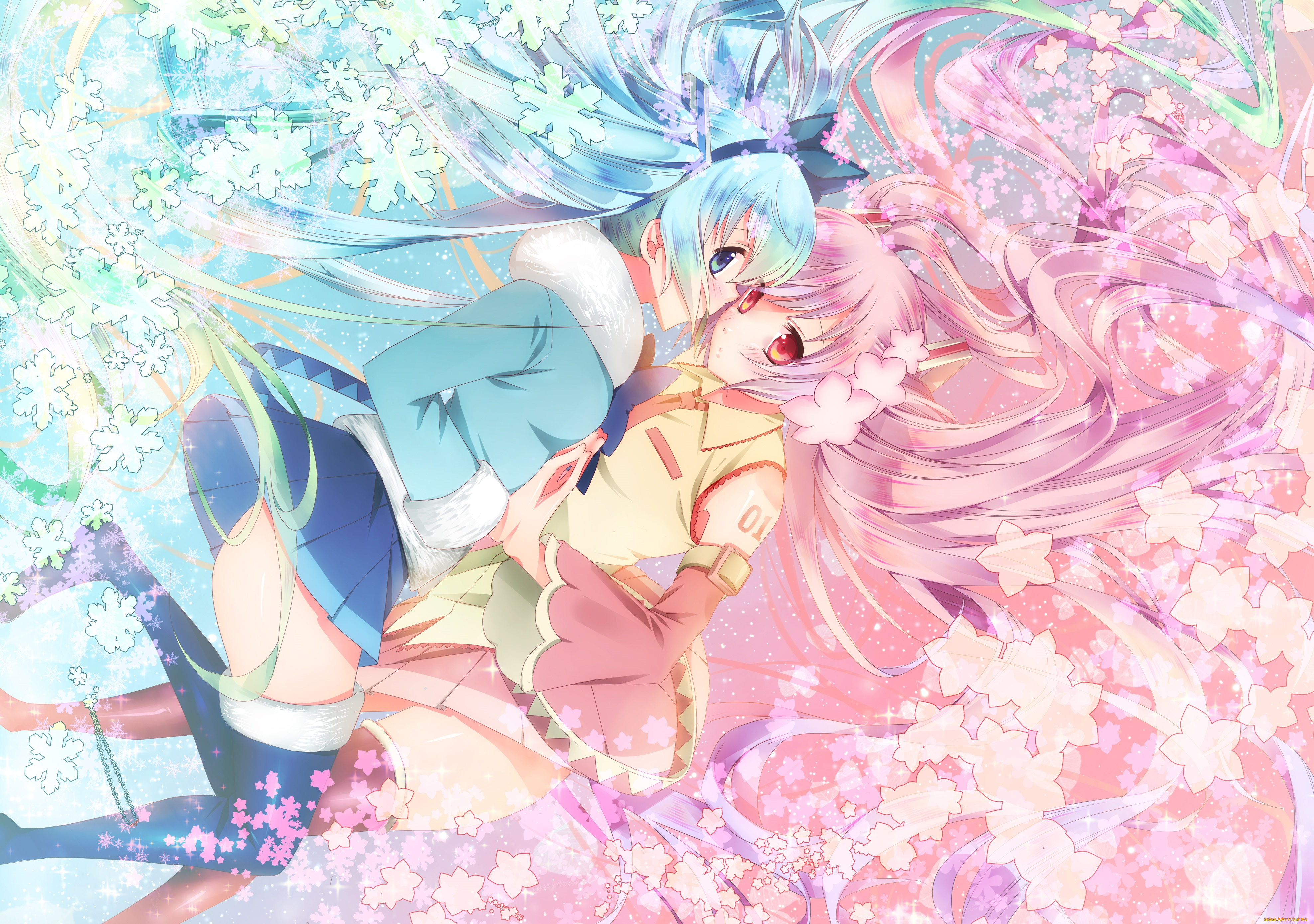 аниме, vocaloid, снежинки, yuki, miku, девушки, sakura, hatsune