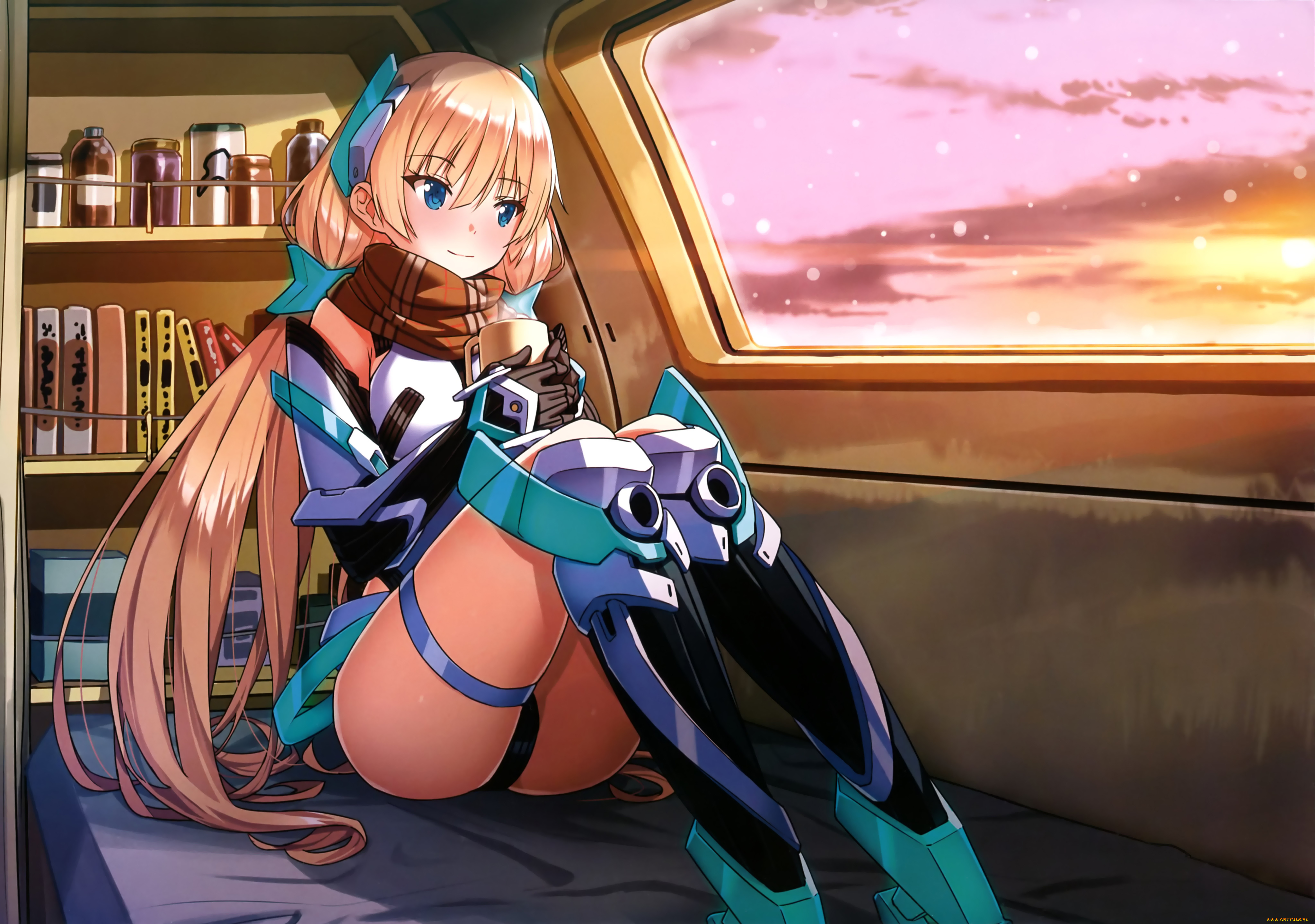 аниме, оружие, , техника, , технологии, девушка, закат, angela, balzac, арт, saitom, окно, expelled, from, paradise, банки, книги