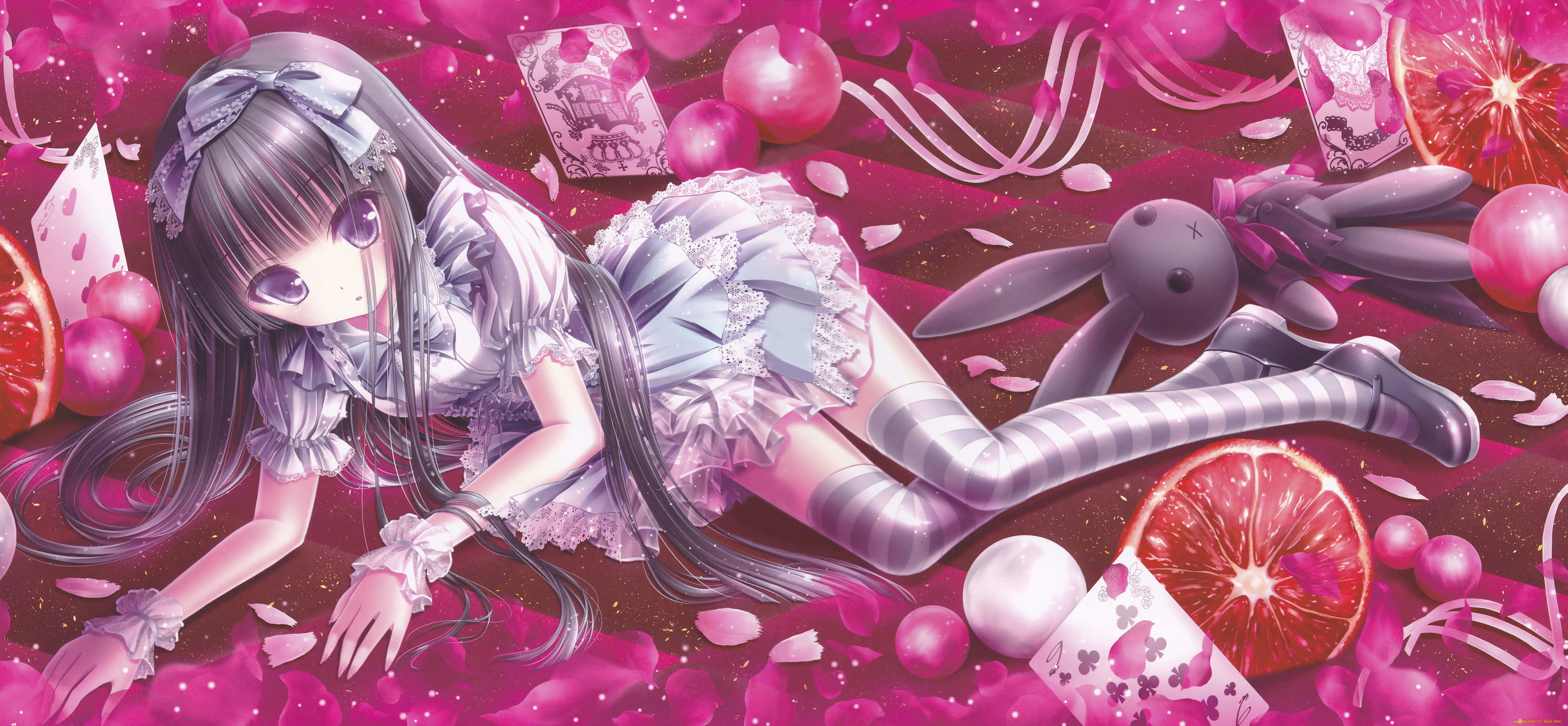 аниме, tinkle, , artbook, лежит, девушка, арт, tinkle, цитрусы, лепестки, кролик