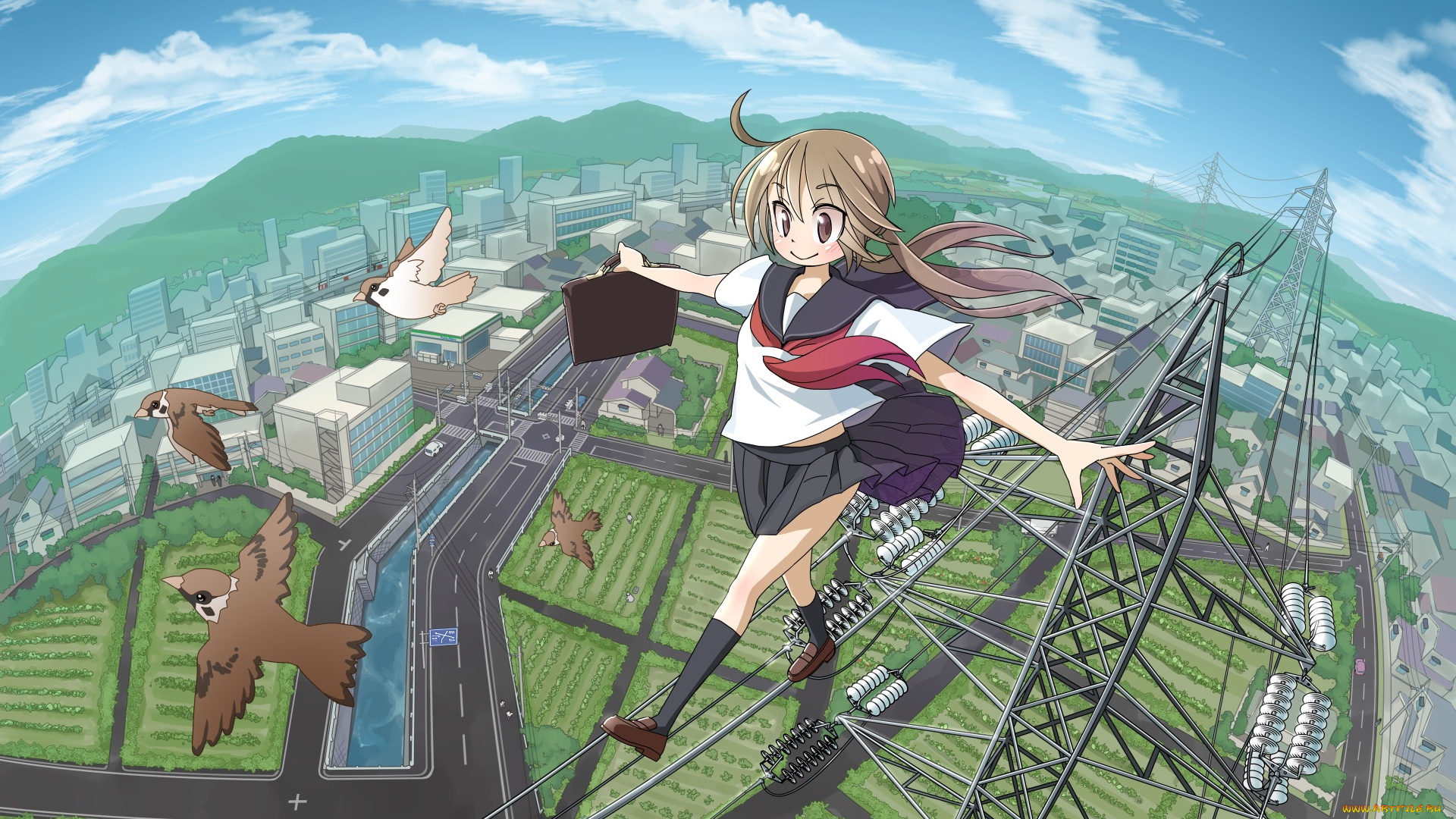 аниме, город, , улицы, , здания, девочка, арт, syego