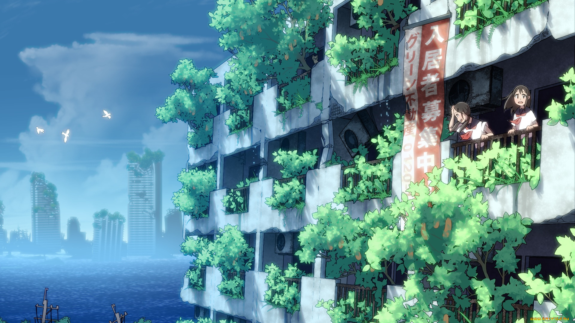 аниме, город, , улицы, , здания, девочки, руины, арт, syego