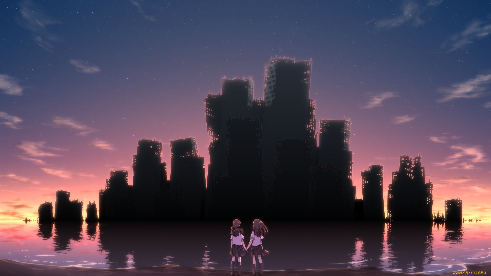аниме, город, , улицы, , здания, руины, вечер, девочки, syego