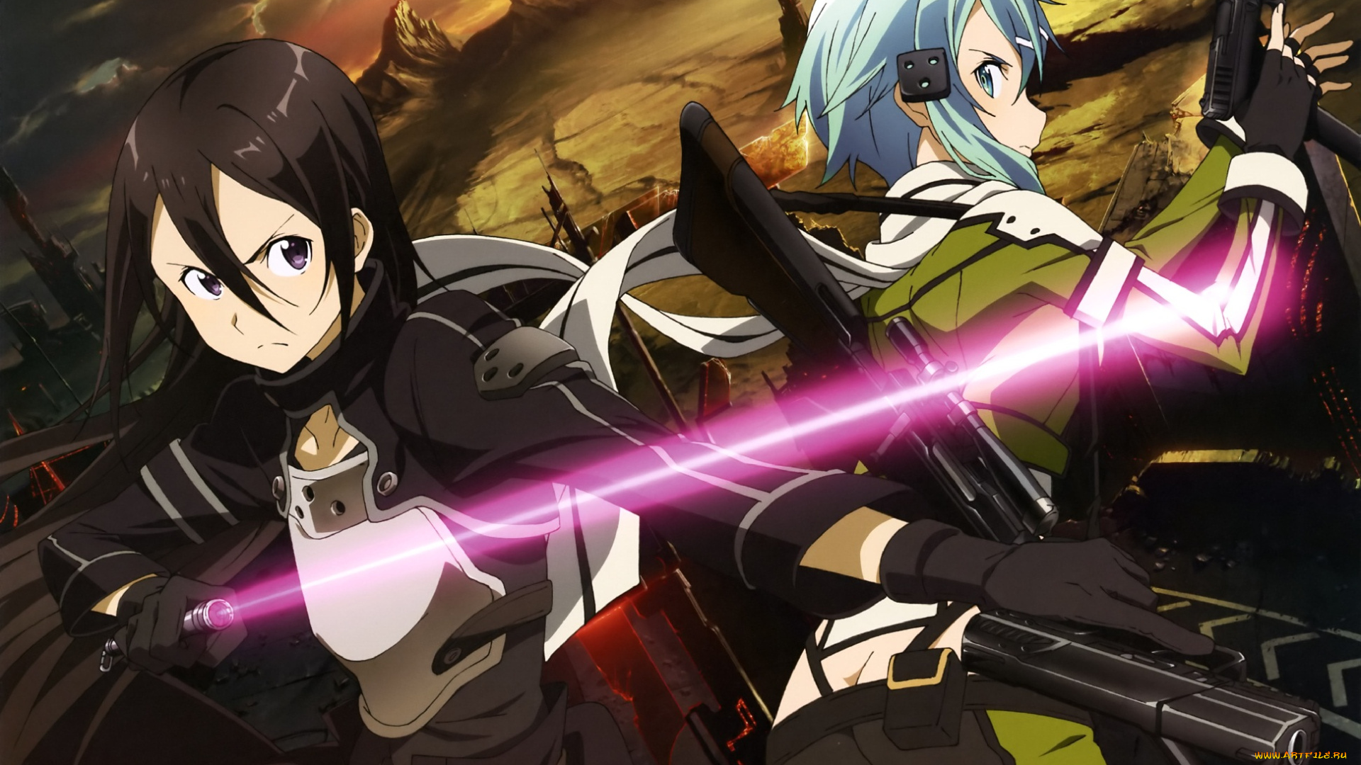 аниме, sword, art, online, кирито, девочка, сион, меч, пистолет