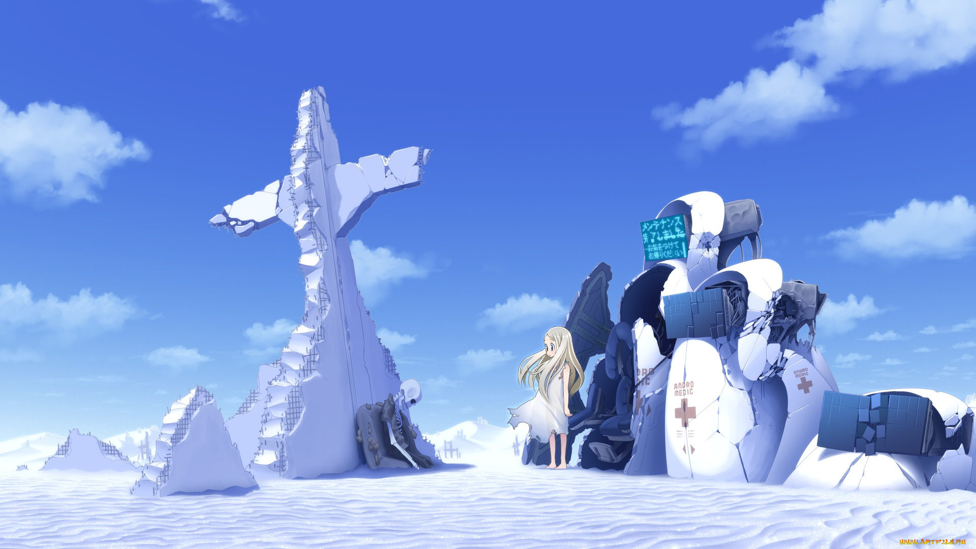 аниме, unknown, , другое, скелет, песок, арт, девочка, металлолом, syego