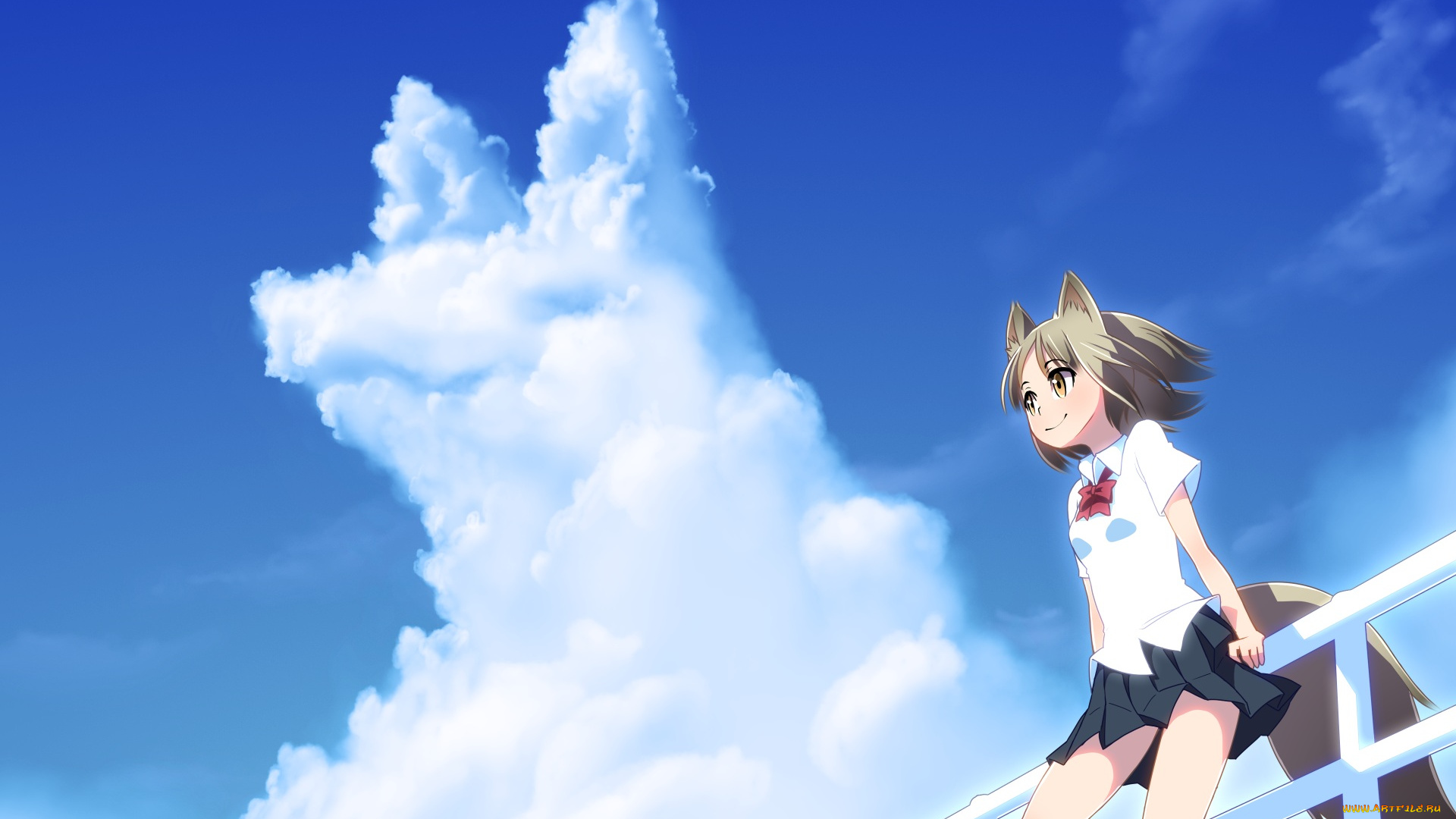 аниме, животные, , существа, девочка, собака, арт, syego, облако