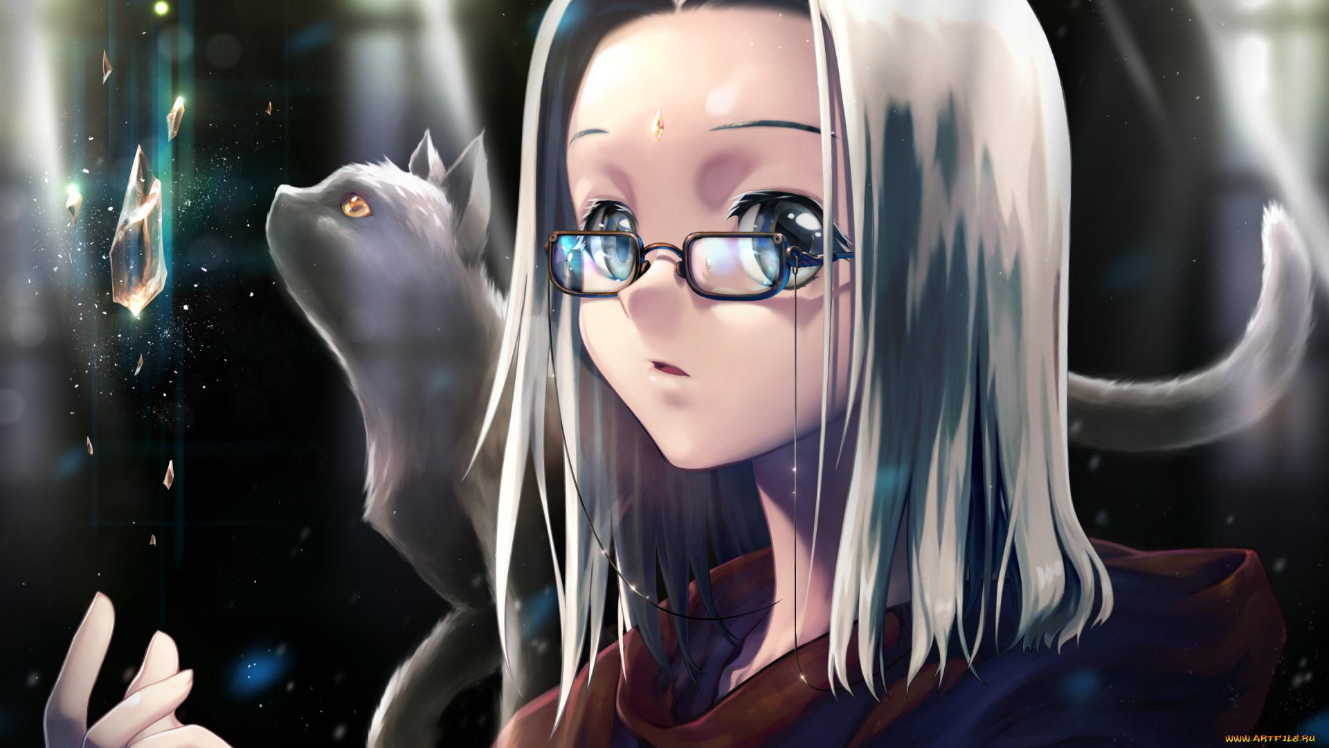 аниме, животные, , существа, девушка, очки, кристалл, белые, волосы, кошка