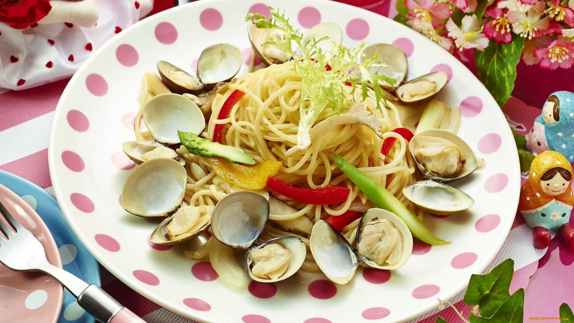 еда, рыбные, блюда, , с, морепродуктами, моллюски, паста, овощи