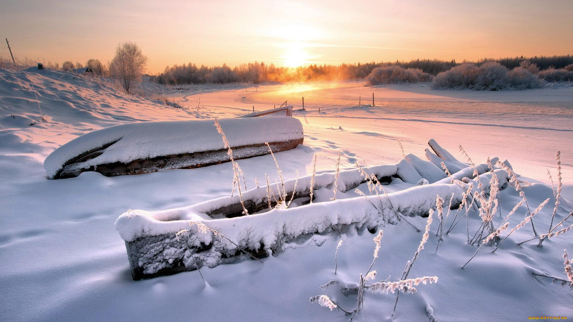 природа, зима, снег, заносы, лед, река, лодки, восход