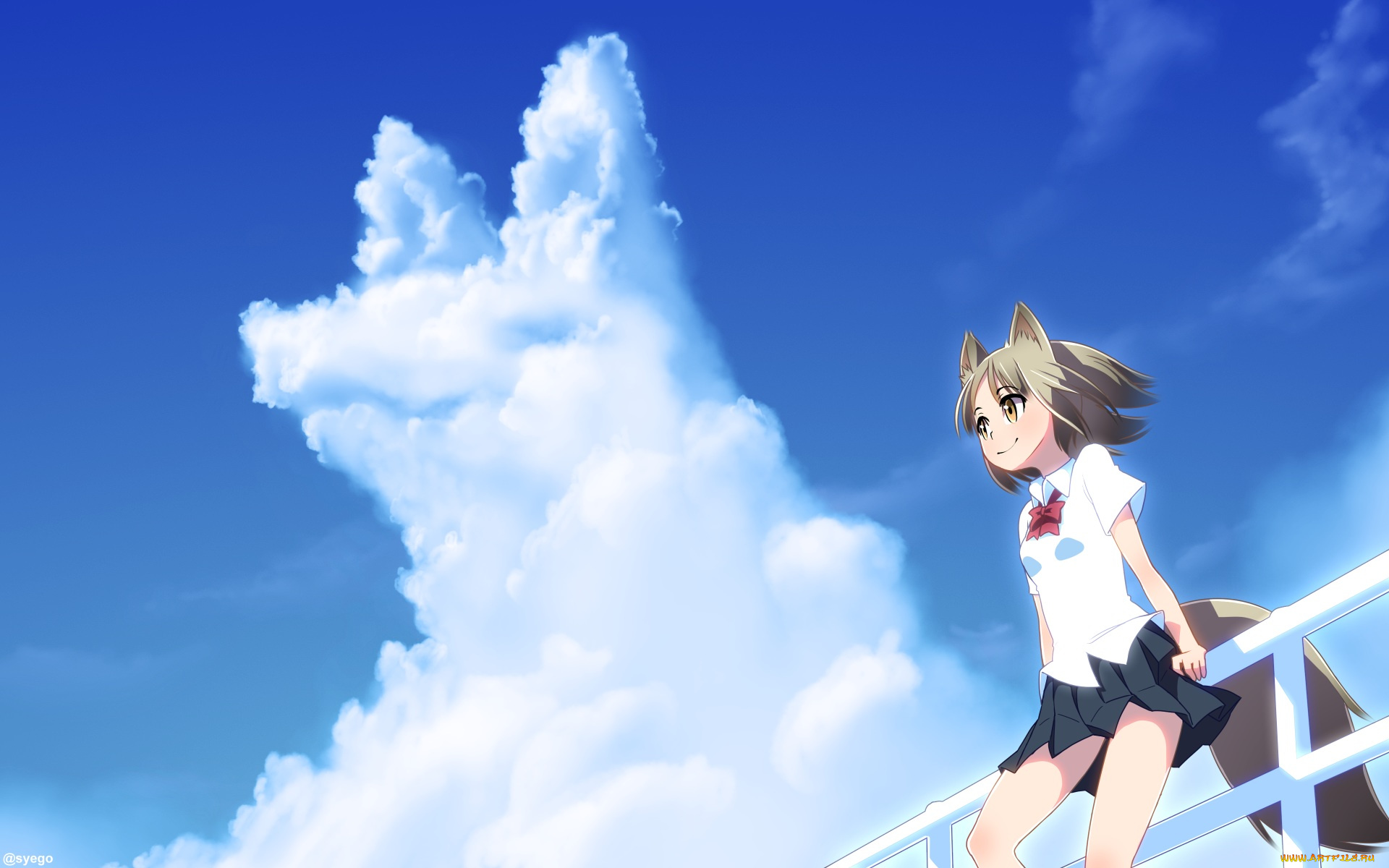 аниме, животные, , существа, девочка, собака, арт, syego, облако