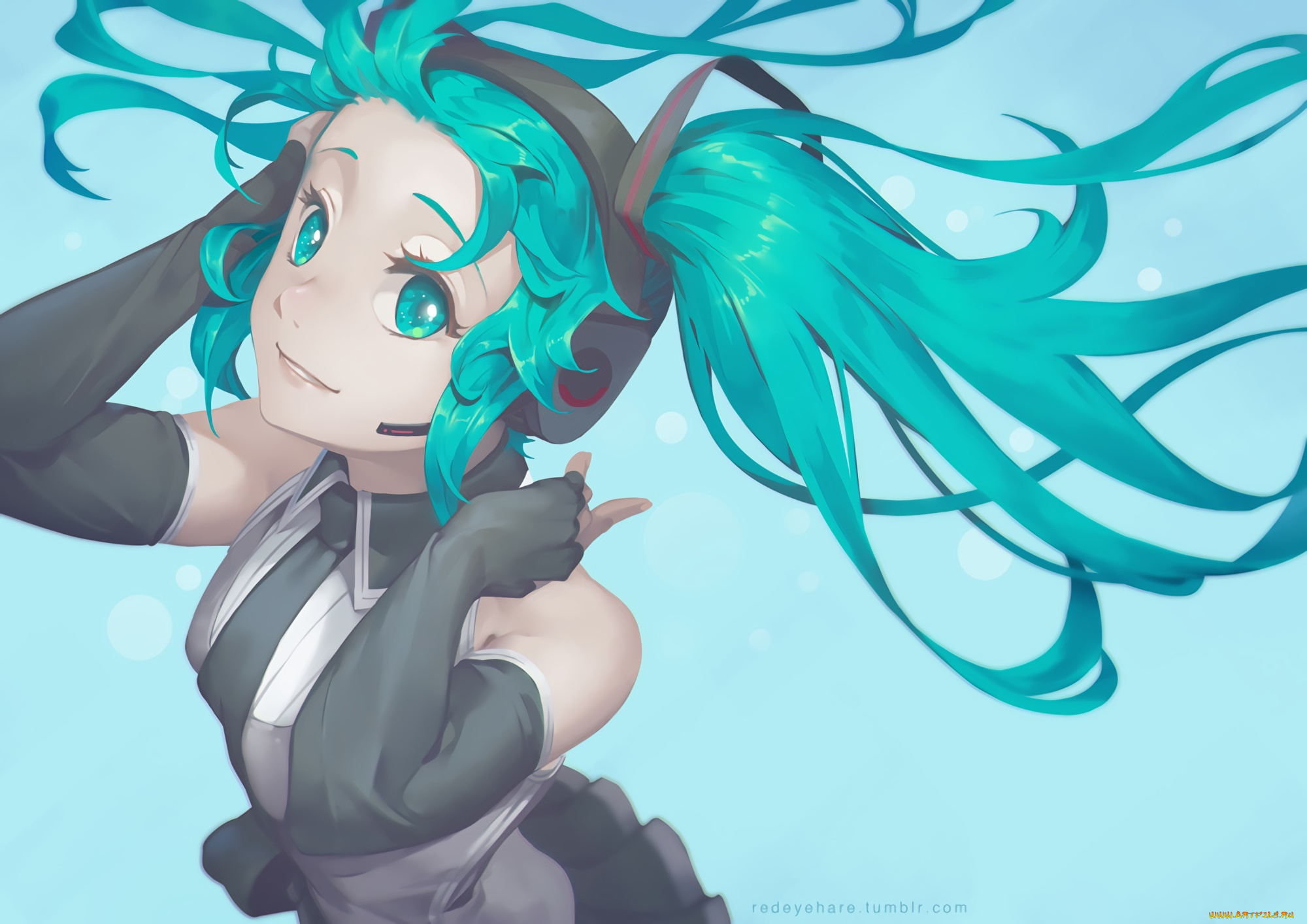 аниме, vocaloid, hatsune, miku, black, light
