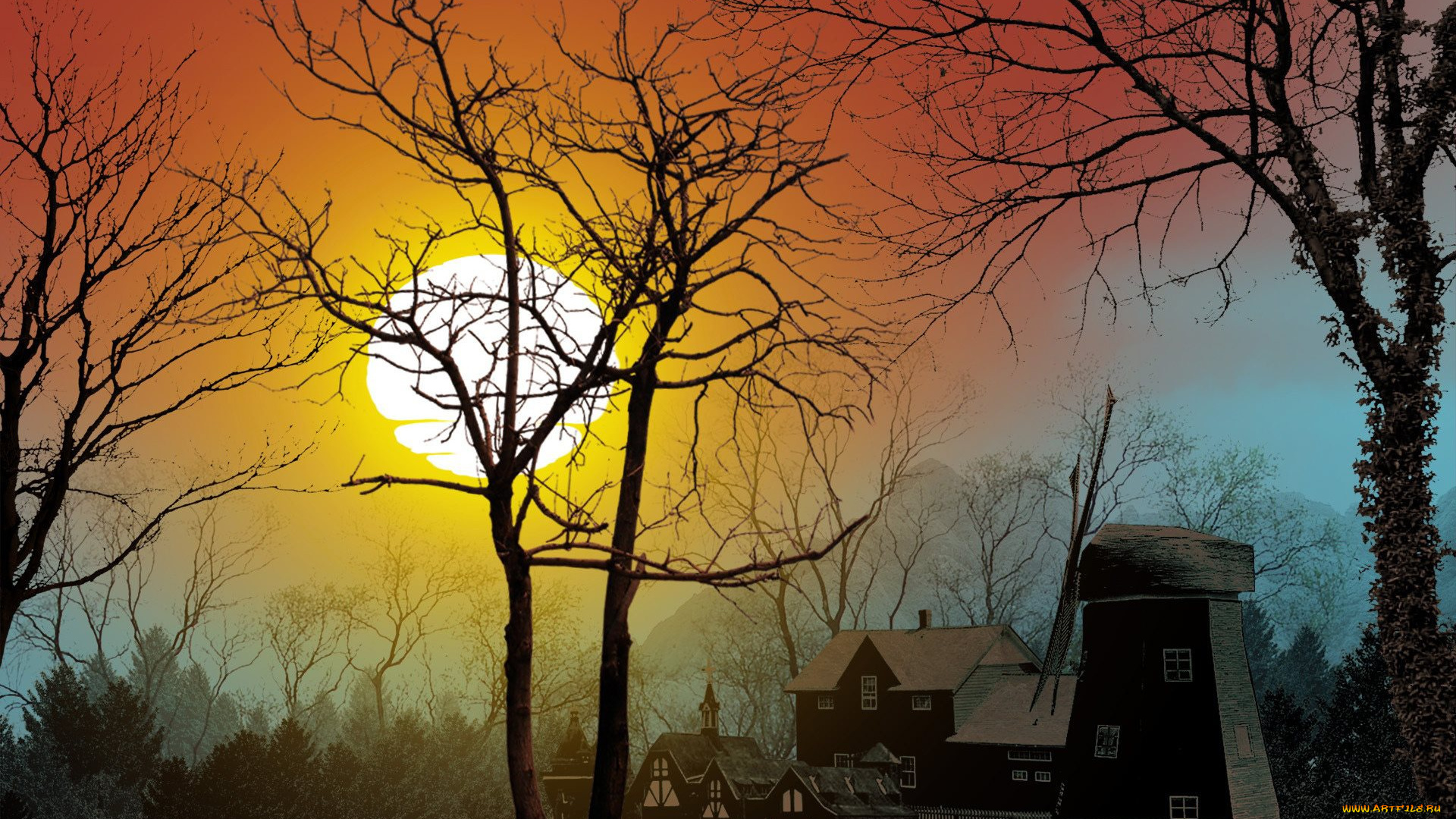 3д, графика, природа, , nature, дома, деревья, закат