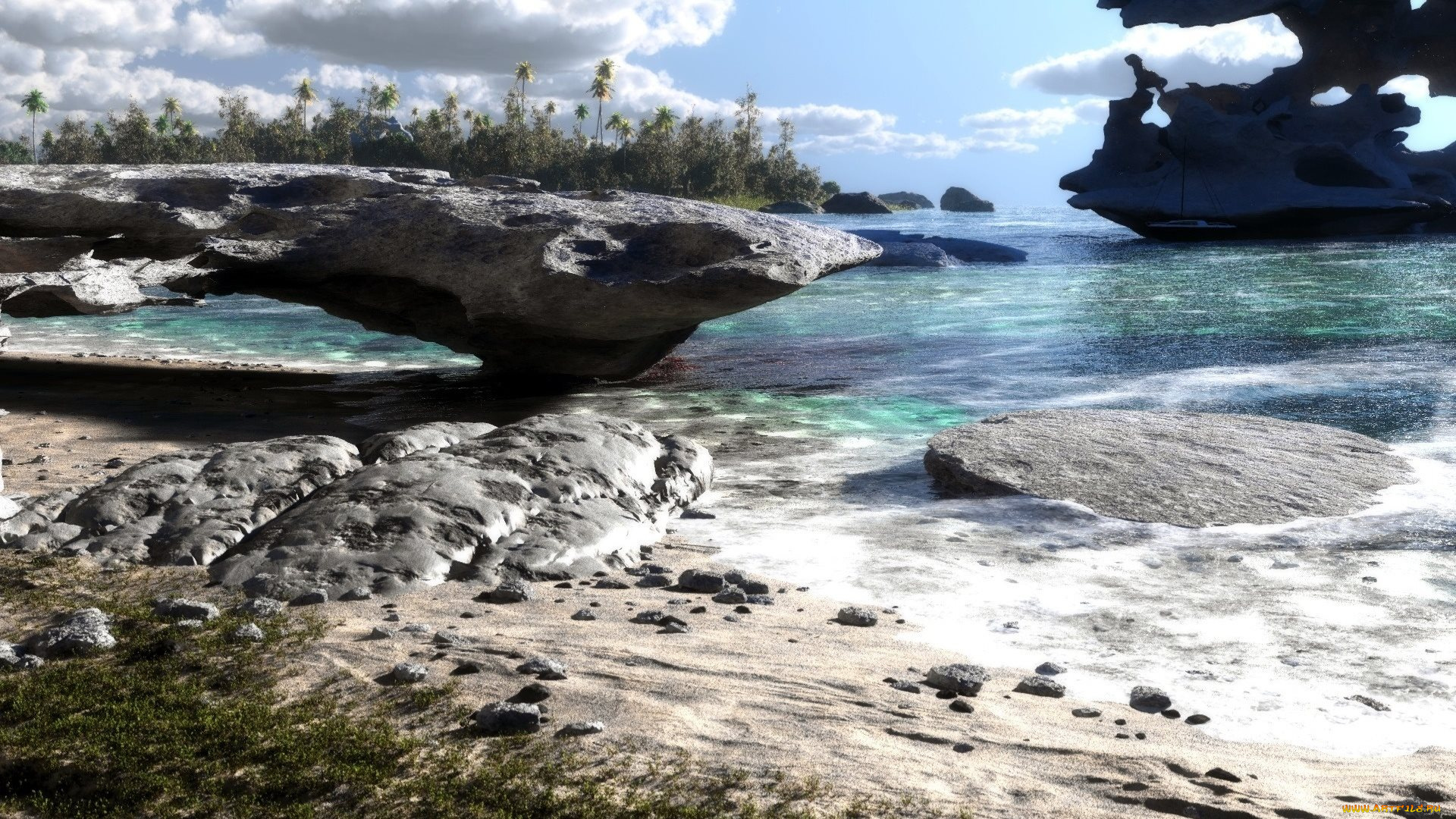 3д, графика, природа, , nature, река, поток, камни