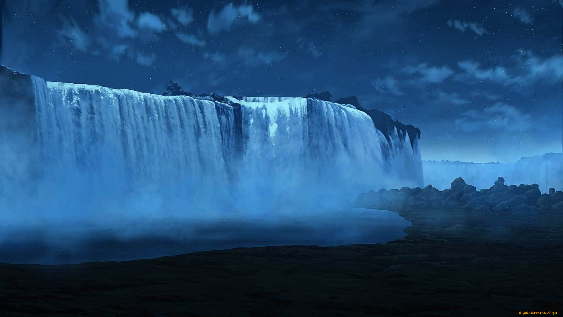 3д, графика, природа, , nature, водопад, река, поток