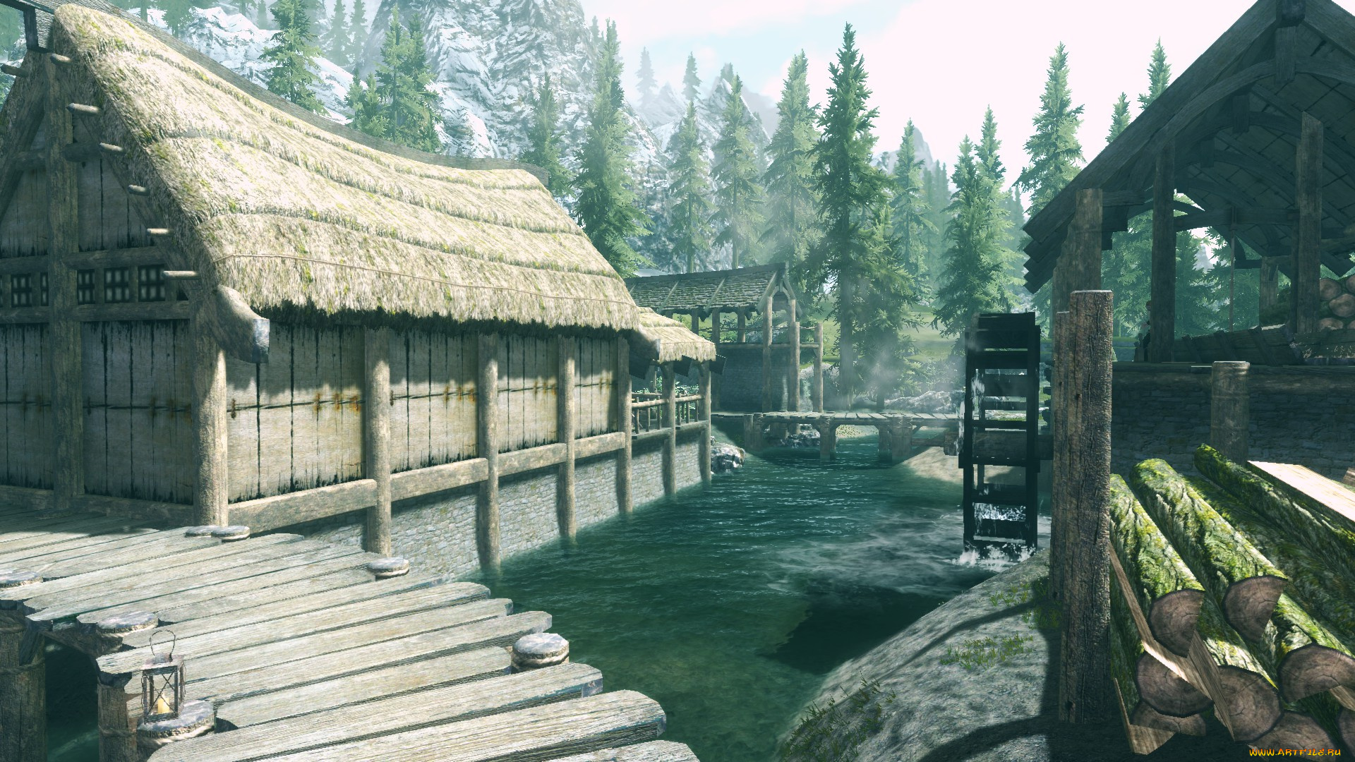 3д, графика, реализм, , realism, дома, лес, skyrim