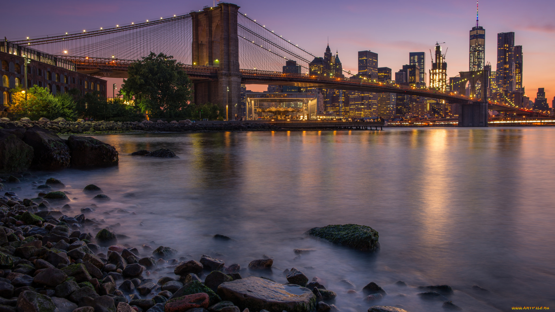 brooklyn, bridge, and, manhattan, города, нью-йорк, , сша, огни, ночь