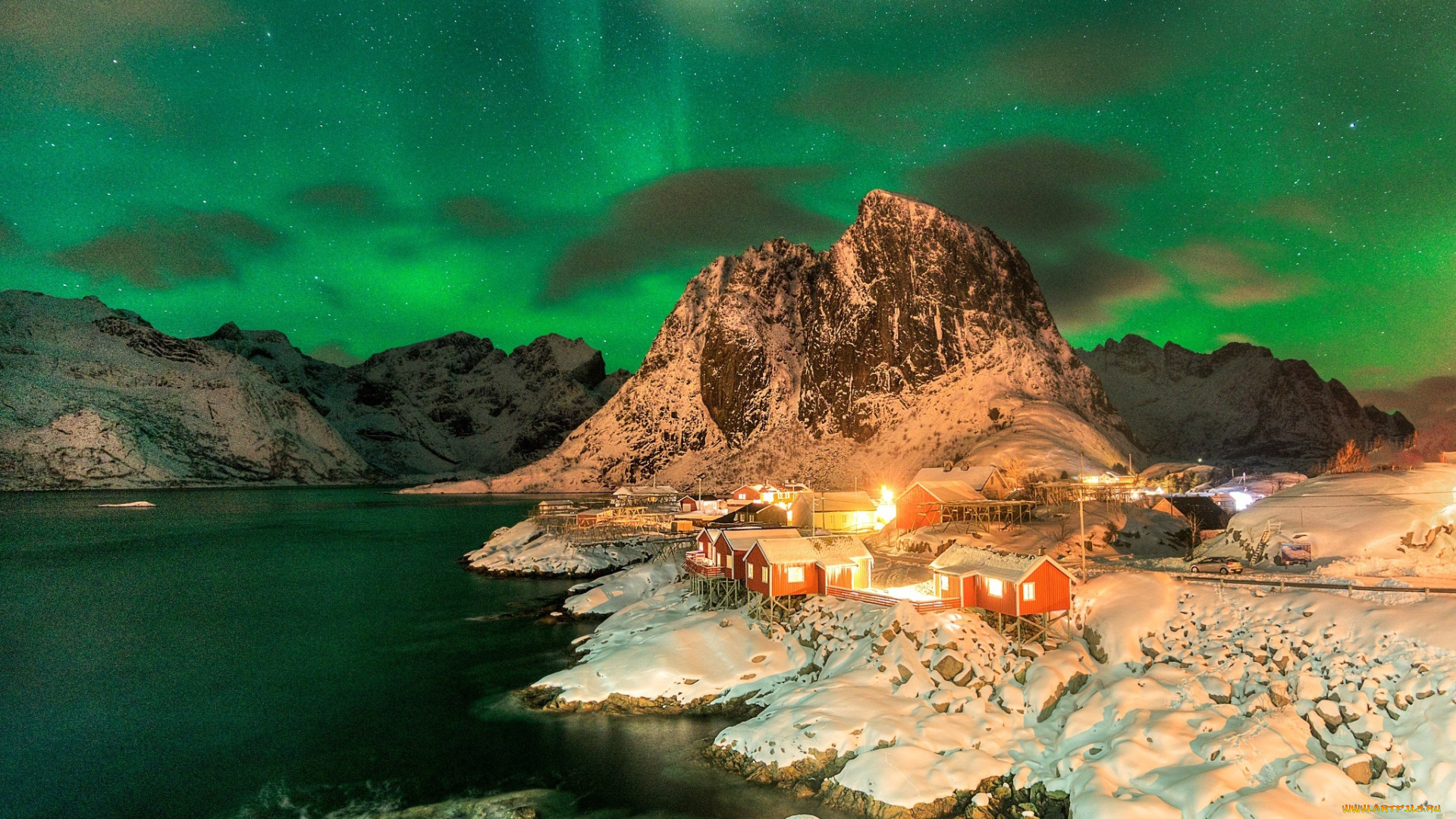 города, -, пейзажи, ночь, норвегия, северное, сияние, звезды, лофотенские, острова, поселение