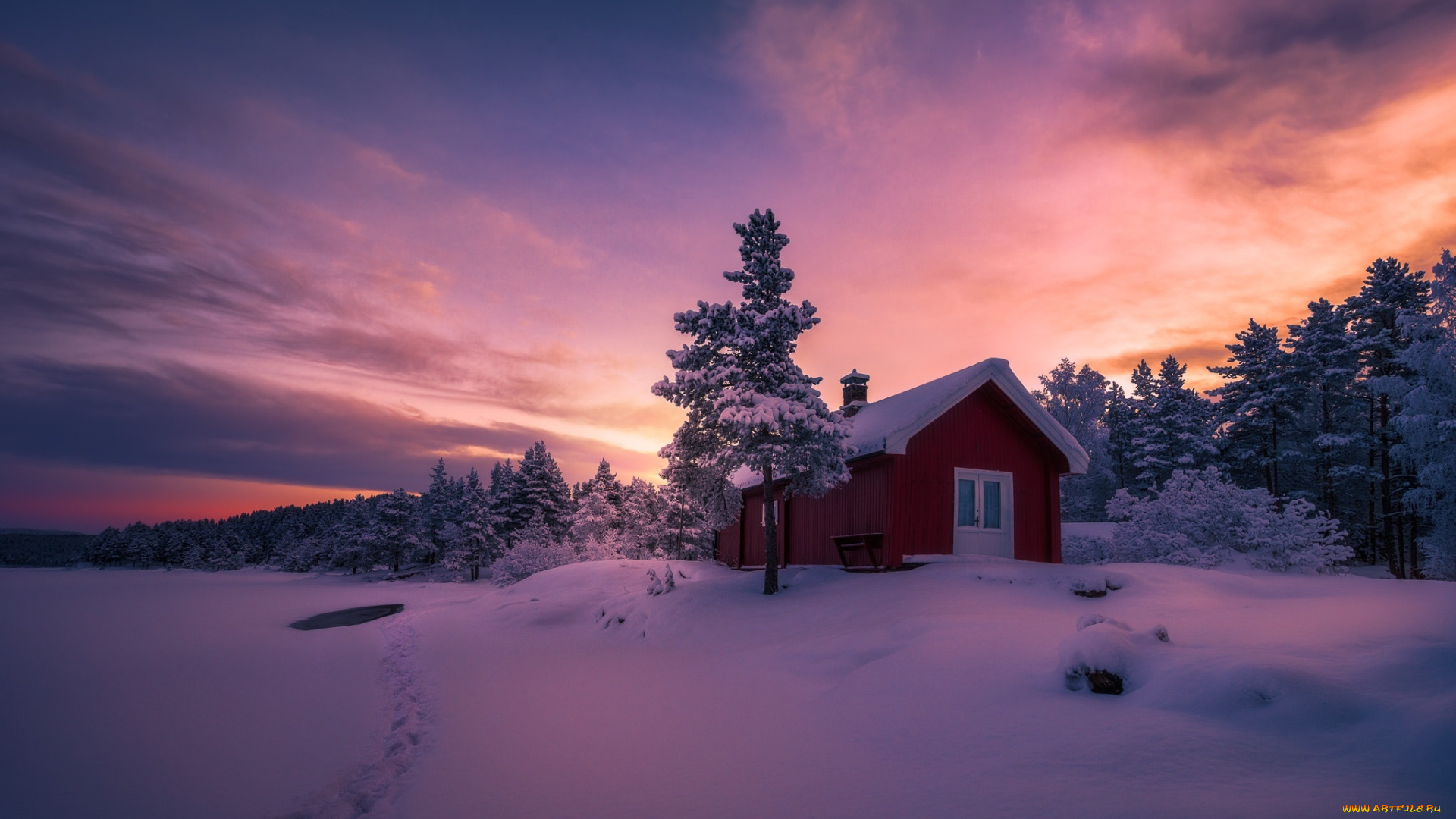 города, -, здания, , дома, закат, зима, тропа, снег, домик, краски, вечер