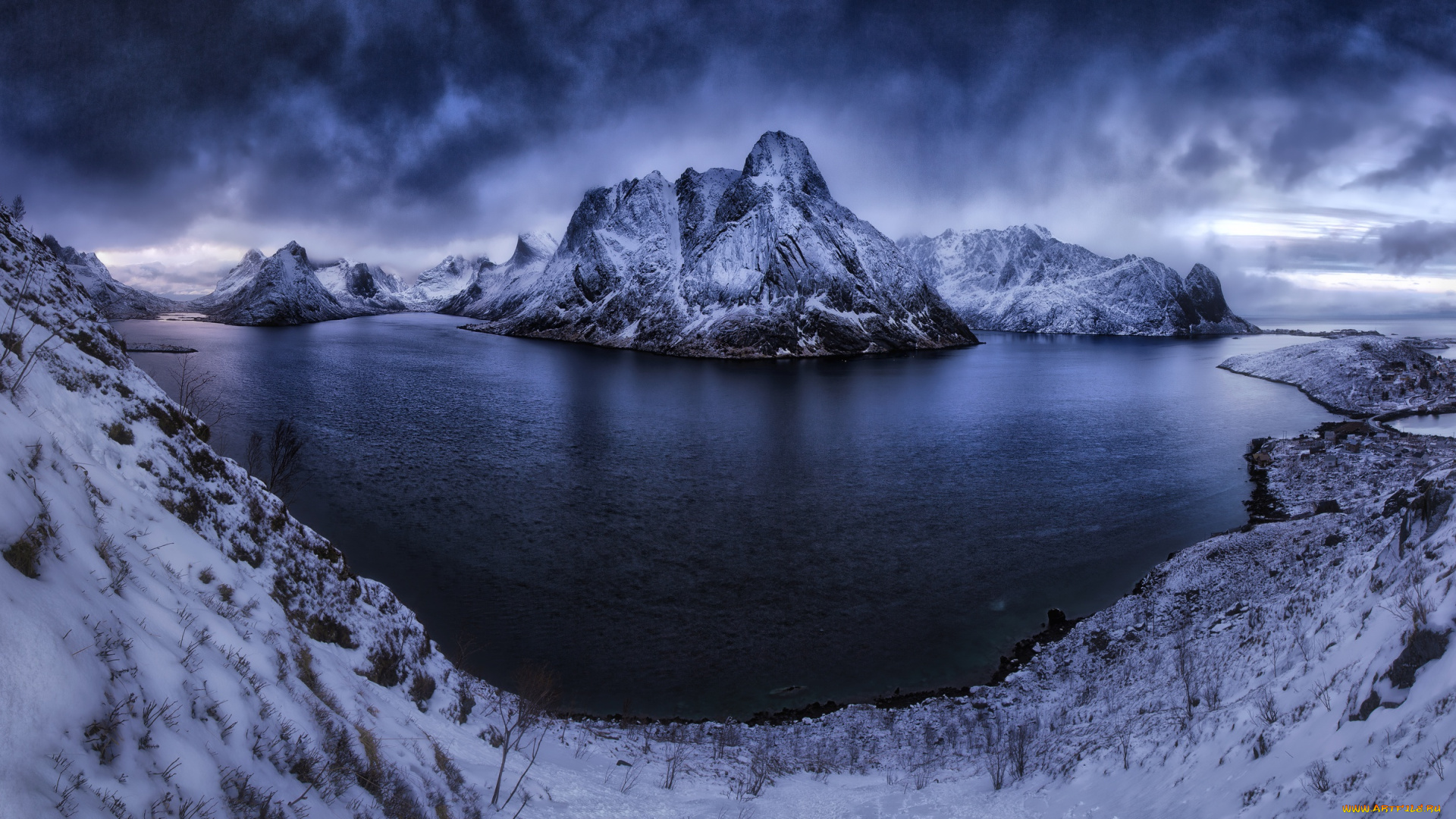 природа, реки, озера, фьорд, норвегигя, лофотенские, острова, небо, тучи, горы, снег, зима