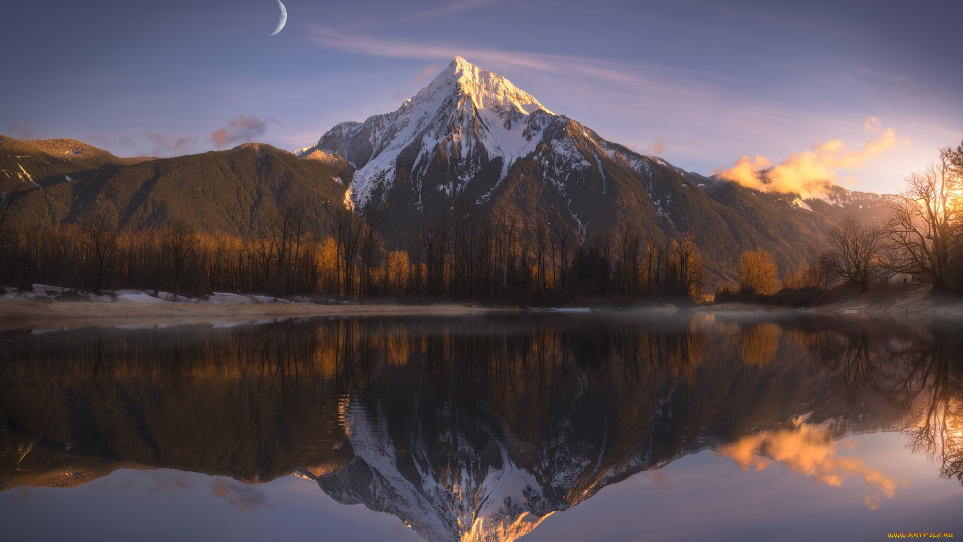 природа, реки, озера, облако, гора, свет, отражение, озеро, луна, горы