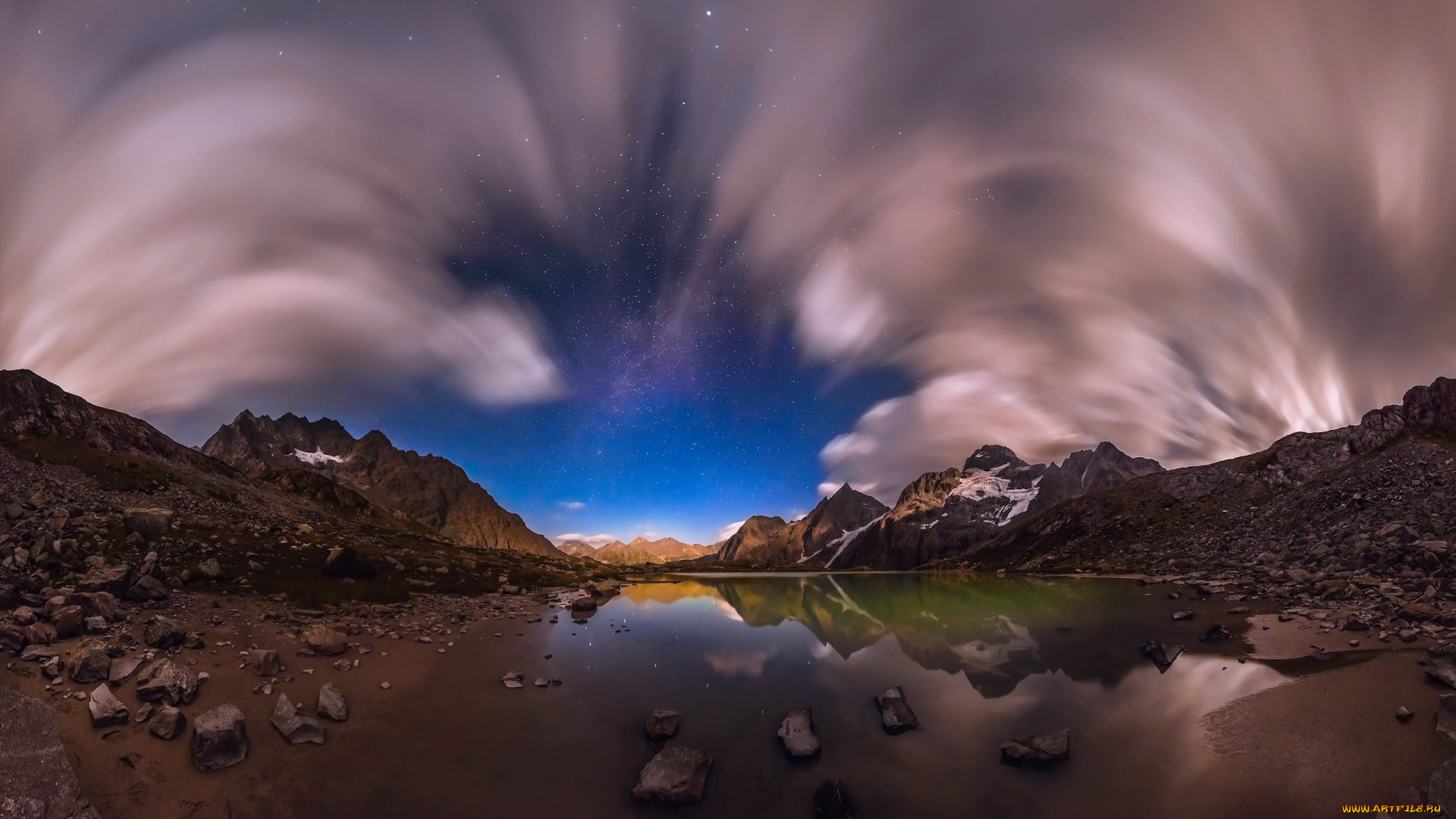 природа, реки, озера, озеро, ночь, свет, горы, отражения, скалы, звезды, облака, камни, утро