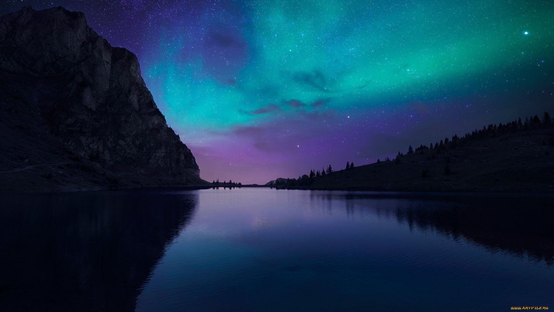природа, северное, сияние, гора, северное, сияние, озеро