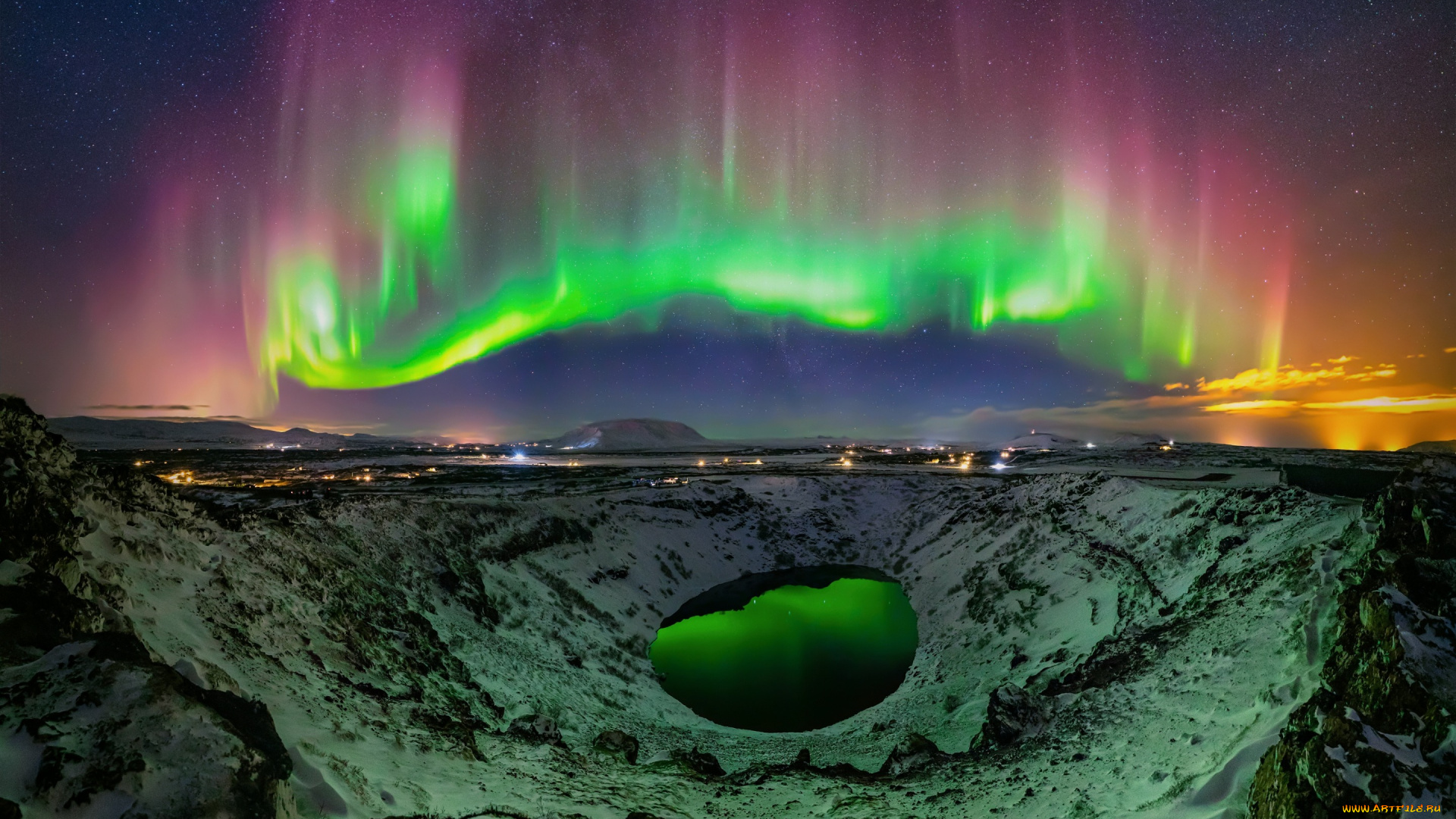 природа, северное, сияние, керид, свет, кратерное, озеро