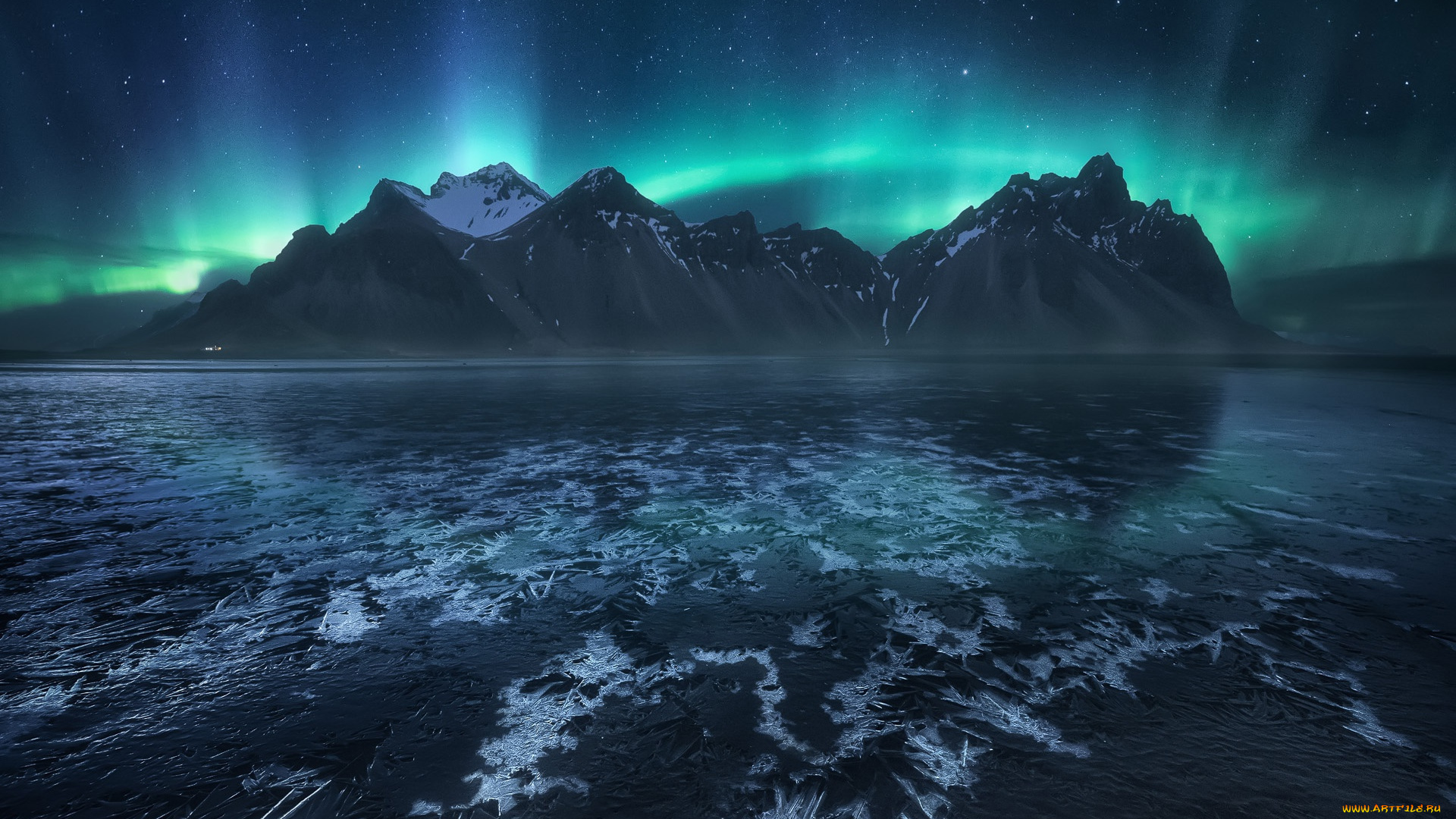 природа, северное, сияние, стокснес, ночь, исландия, небо, мыс, звезды, горы, северное, сияние, фьорд, хорнафьордюр