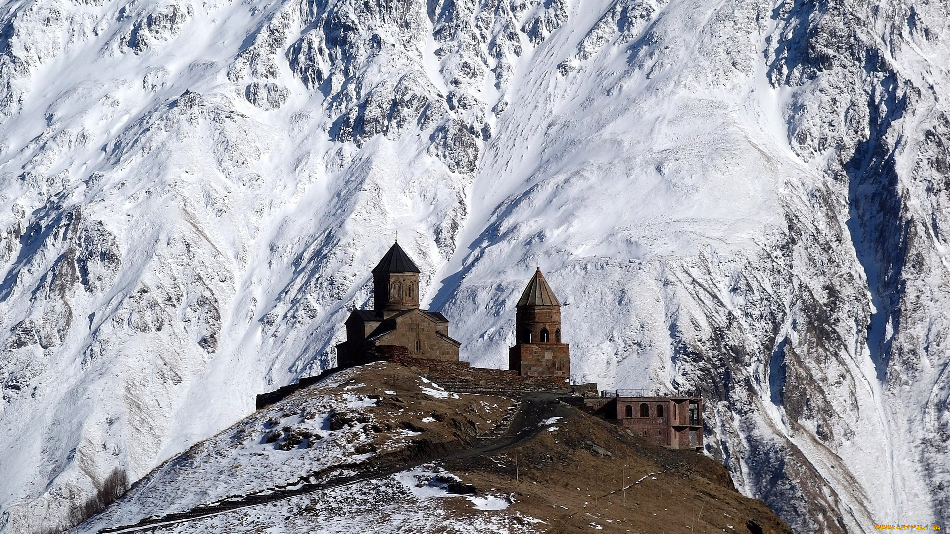 троицкая, церковь, в, гергети, у, подножия, горы, казбек, города, -, православные, церкви, , монастыри, храм, снег, горы