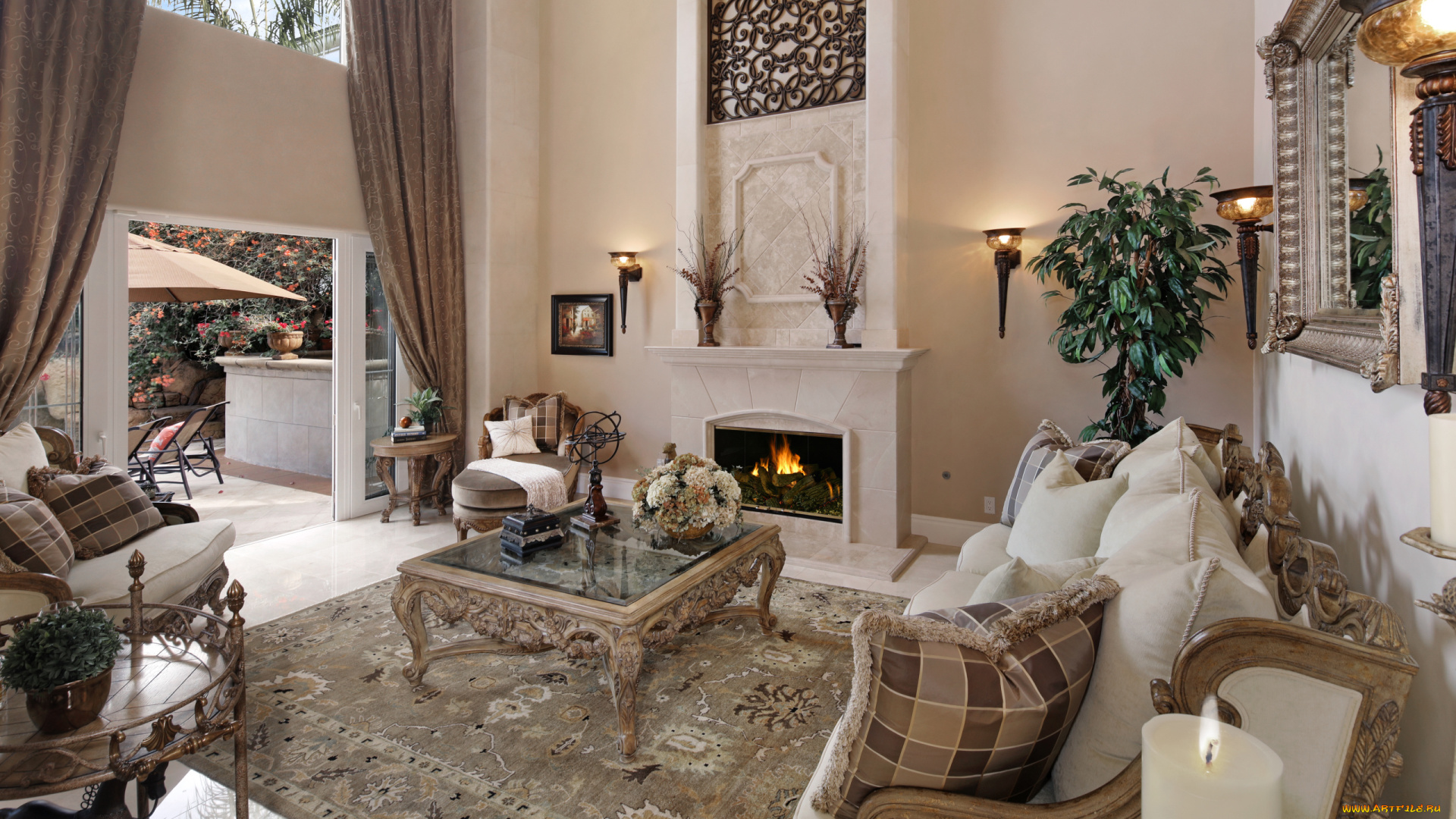 интерьер, гостиная, с, камином