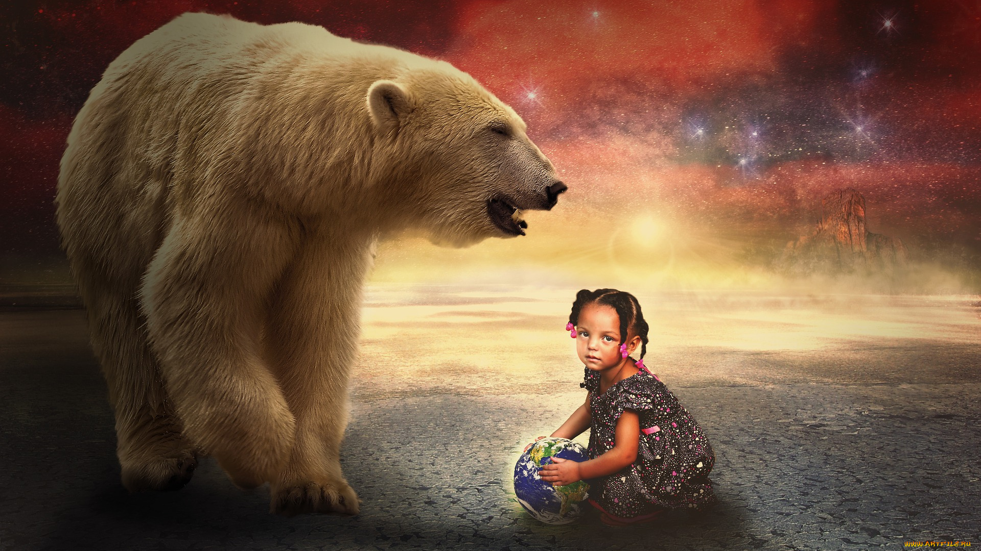 разное, арты, artistic, art, artwork, fantasy, creative, digital, photoshop, manipulation, цифровое, искусство, белый, медведь, девочка