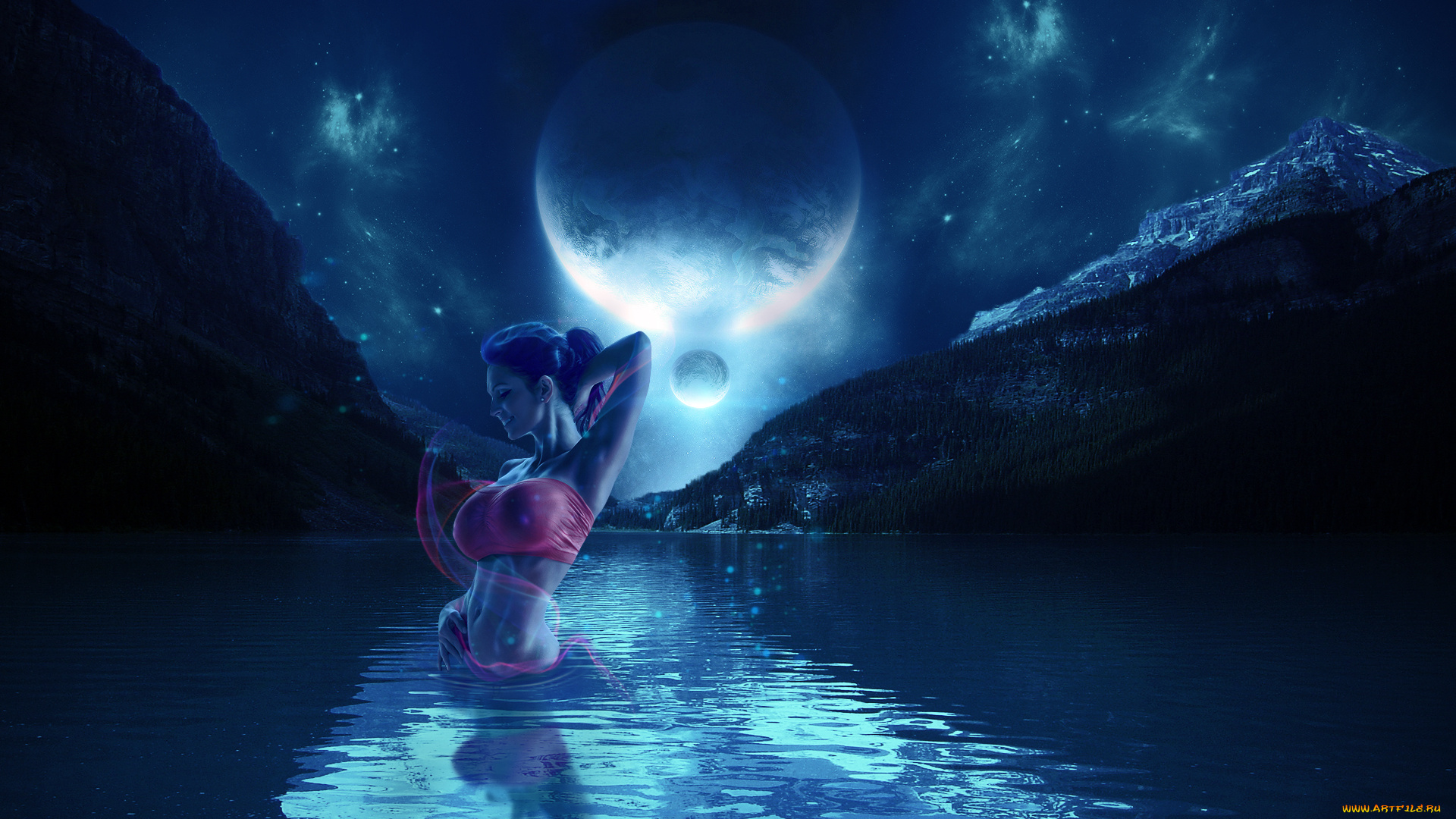 разное, компьютерный, дизайн, девушка, фон, озеро, луна