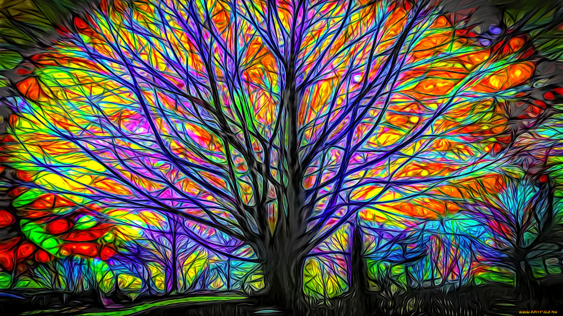 разное, компьютерный, дизайн, ночь, рендеринг, картинка, сказочный, лес, свечение, игра, цвета, дерево, ветви