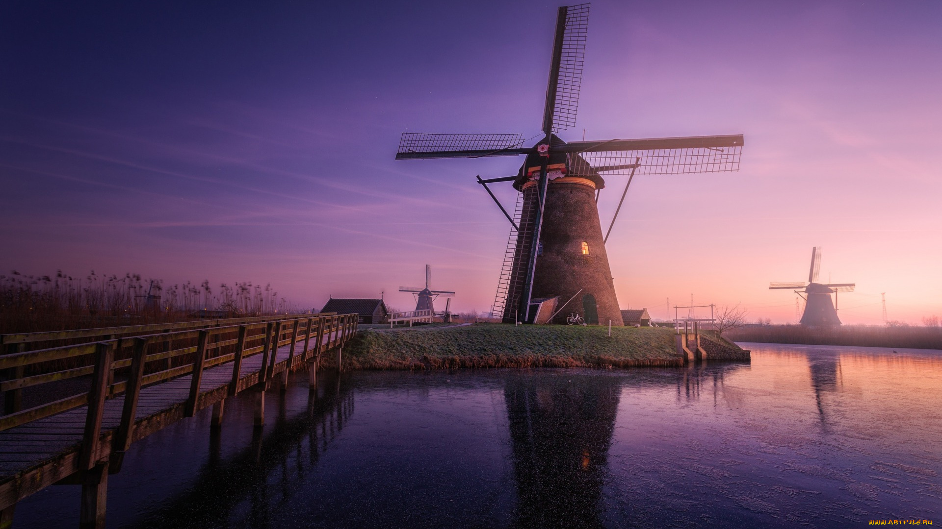 разное, мельницы, утро, нидерланды, дымка, ветряные, вечер