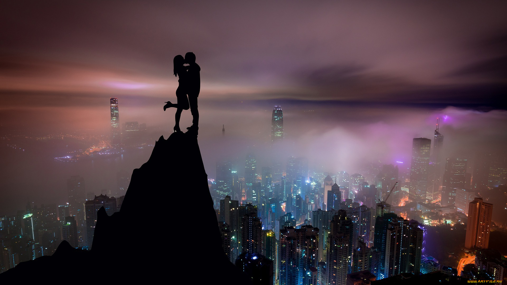 разное, мужчина, женщина, город, поцелуй, вид, ночь, парень, небоскребы, девушка, влюбленные, небо