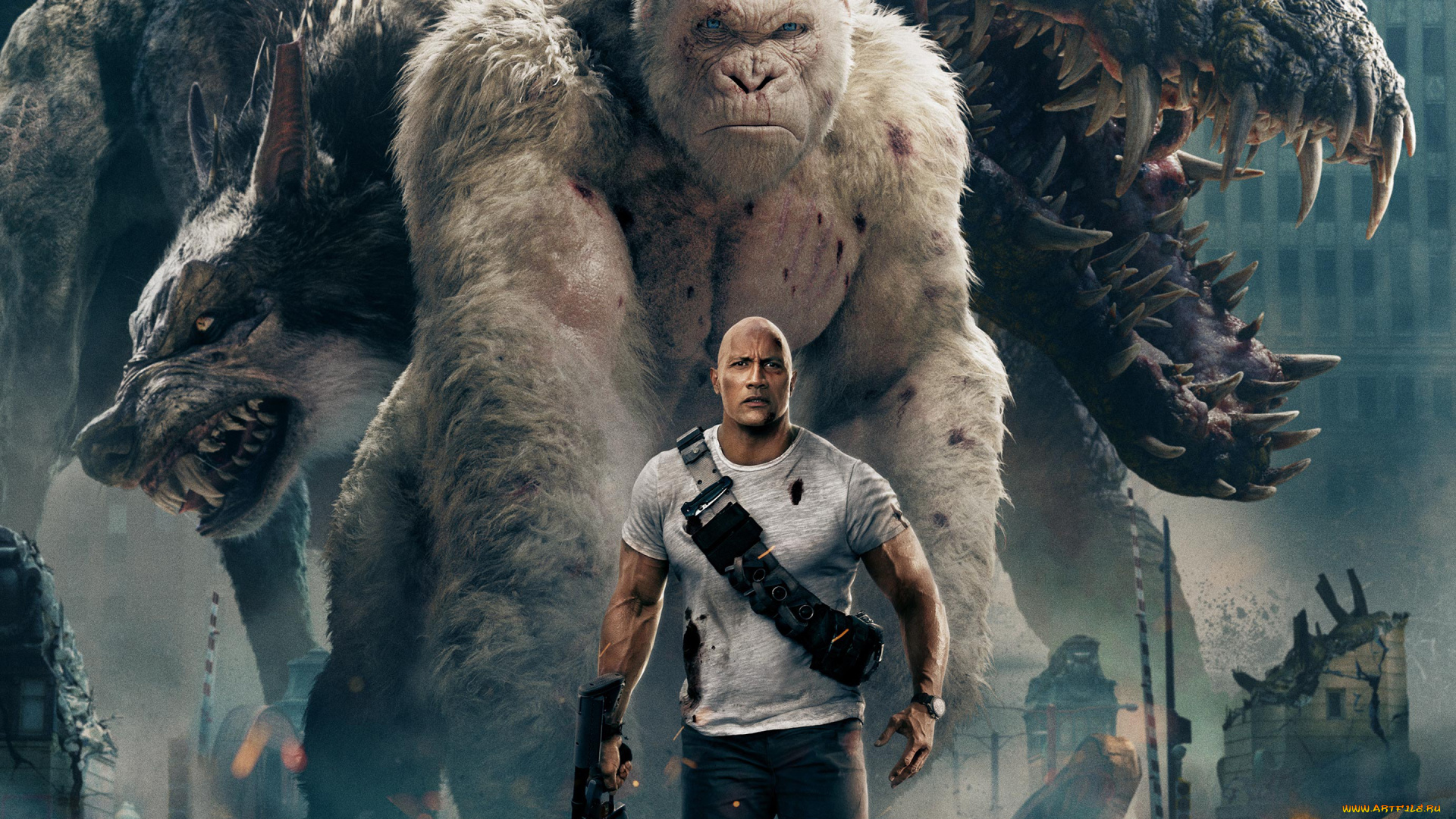 рэмпейдж, кино, фильмы, rampage, фантастика, дуэйн, джонсон, 2018, dwayne, johnson, movies, white, gorilla