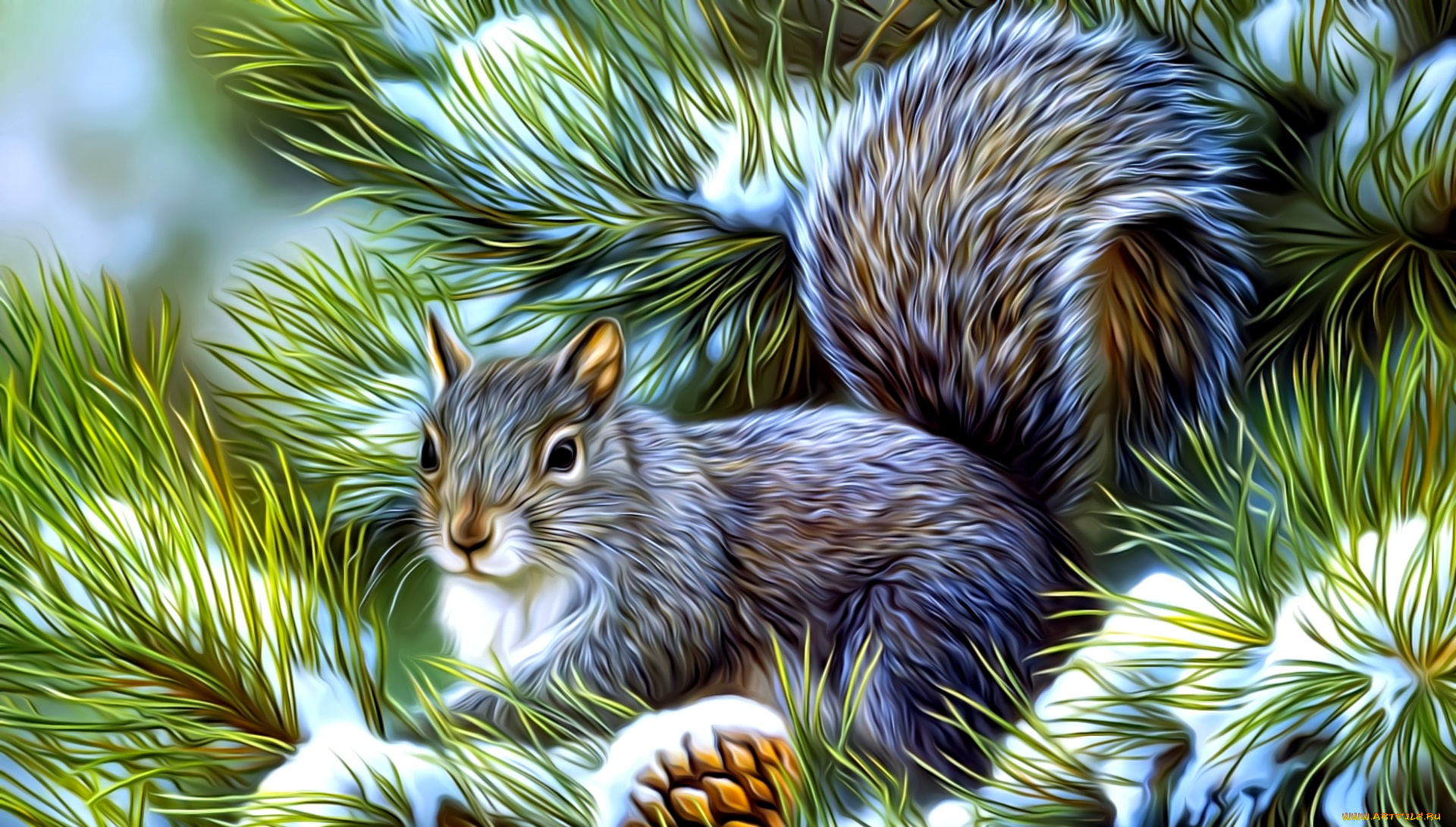 разное, компьютерный, дизайн, белка, живопись, сосновая, ветка, зима, рендеринг, снег, хвоя, рисунок, пушистый, хвост