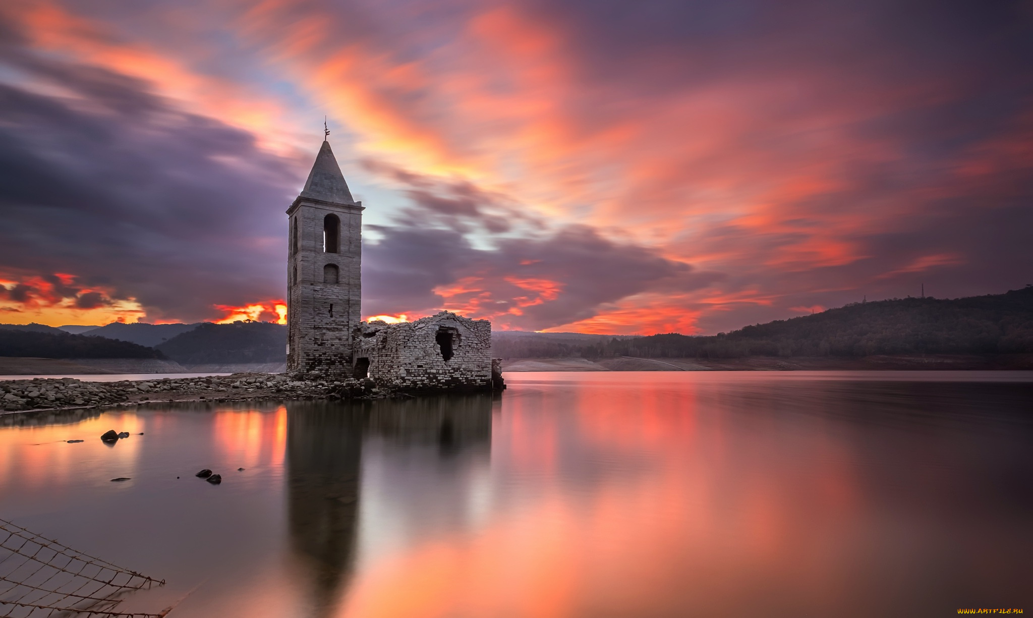 разное, развалины, , руины, , металлолом, озеро, руины, закат