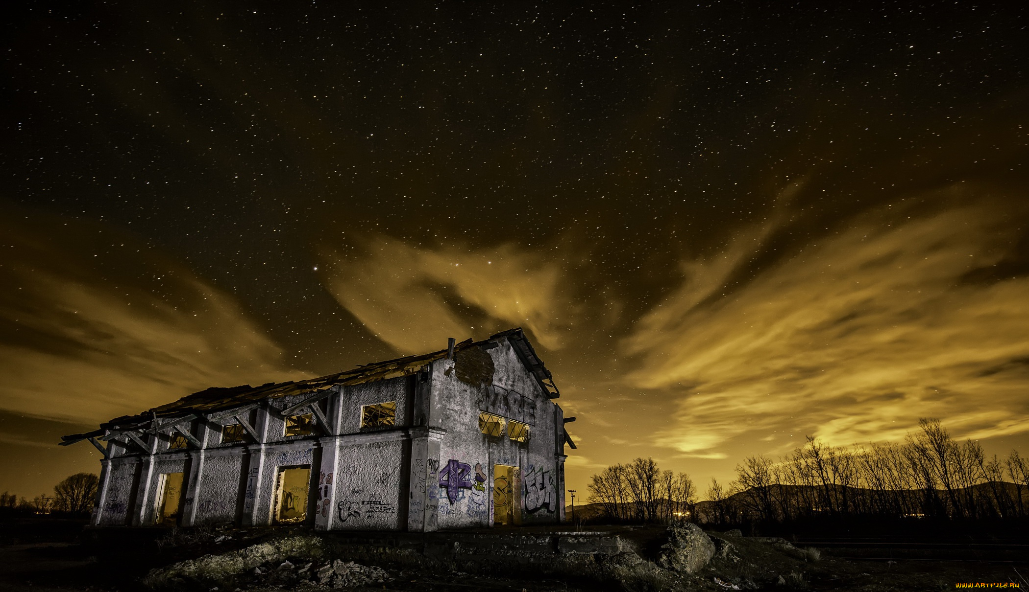 разное, развалины, , руины, , металлолом, дом, фон, ночь