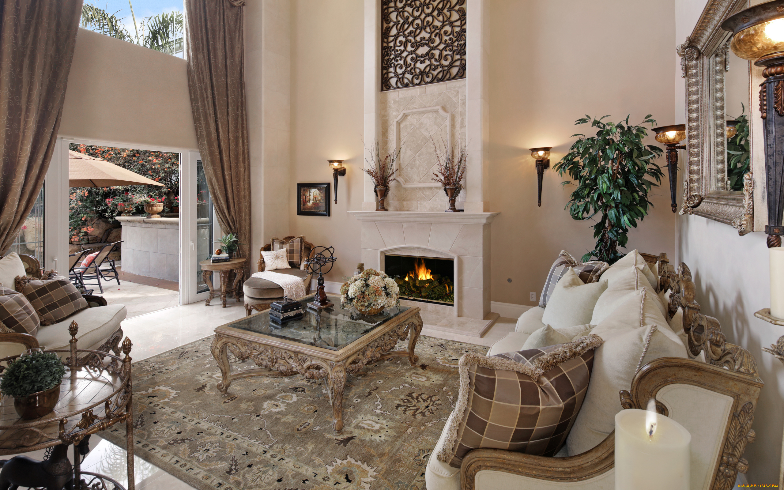 интерьер, гостиная, с, камином