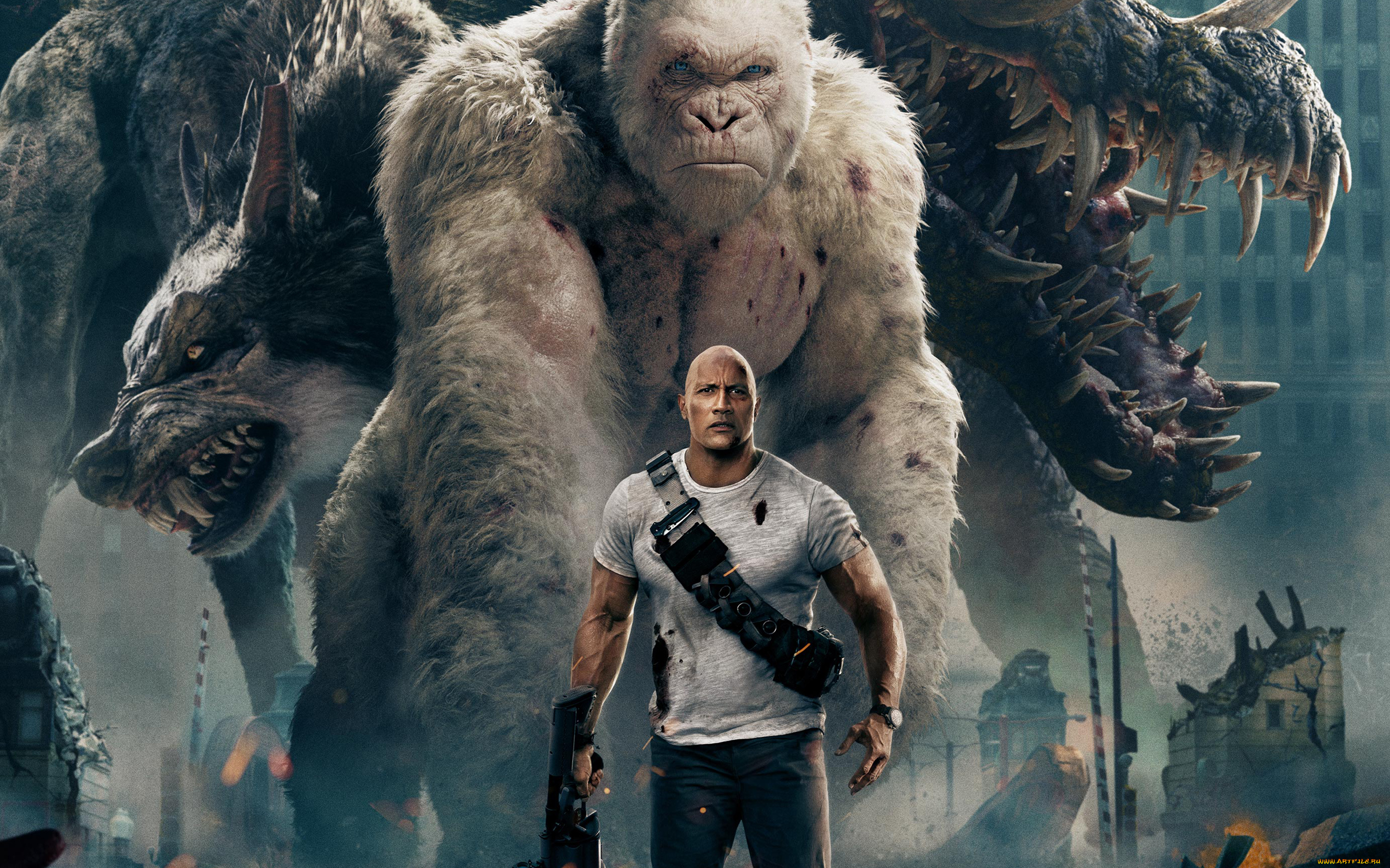 рэмпейдж, кино, фильмы, rampage, фантастика, дуэйн, джонсон, 2018, dwayne, johnson, movies, white, gorilla