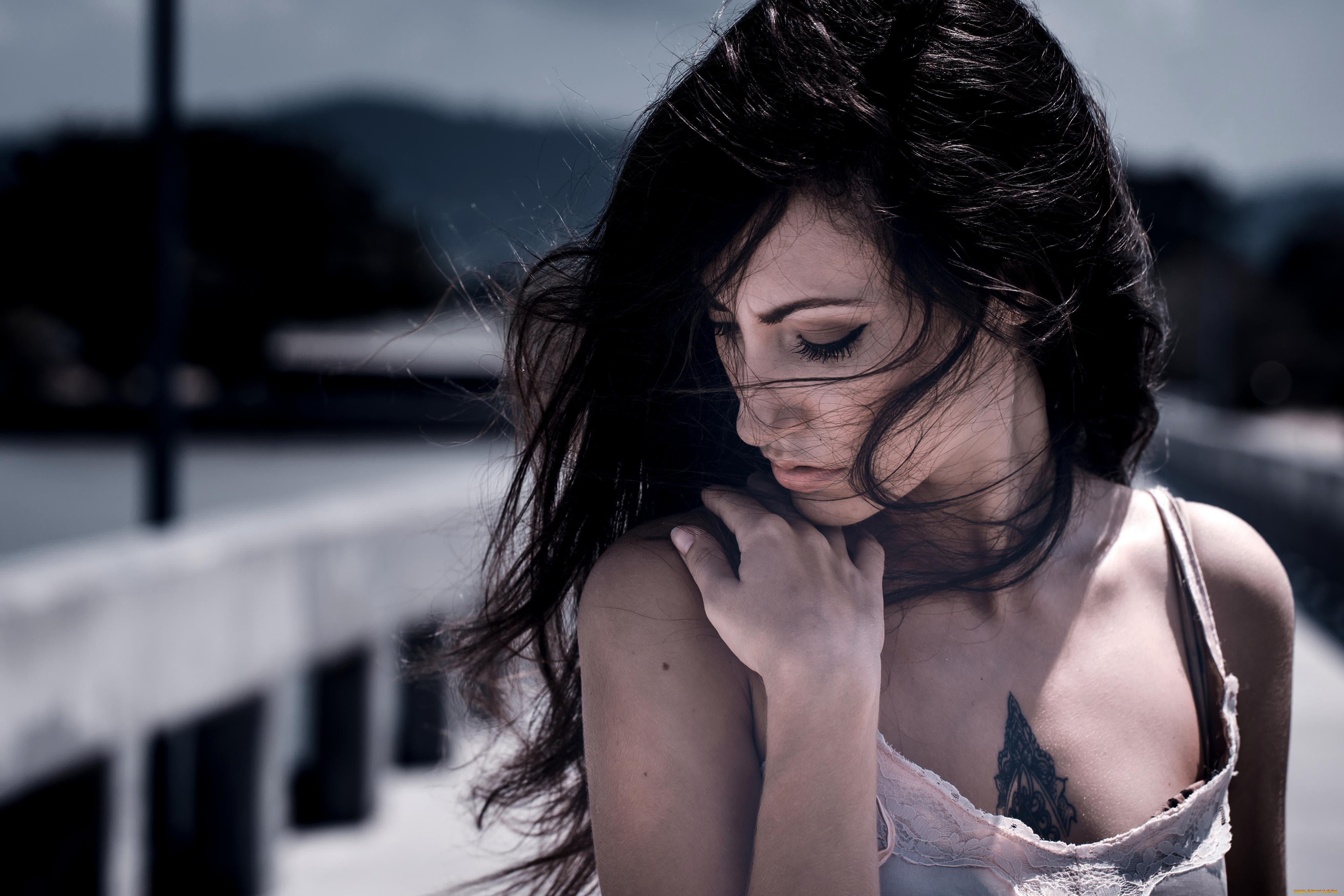 девушки, -unsort, , лица, , портреты, тату, майка, брюнетка